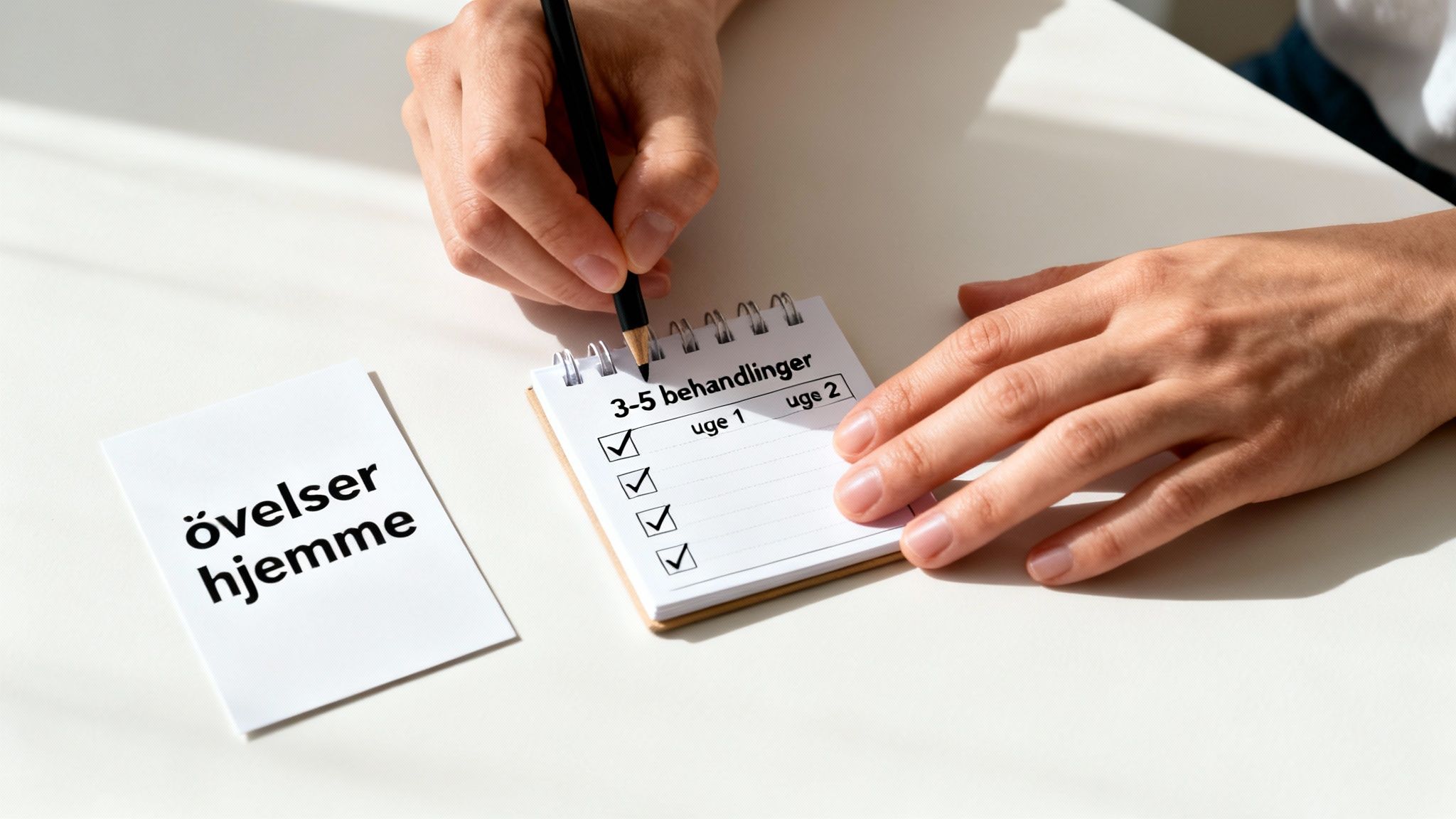 Person markerer udførte hjemmeøvelser og behandlinger på en huskeliste med en blyant.