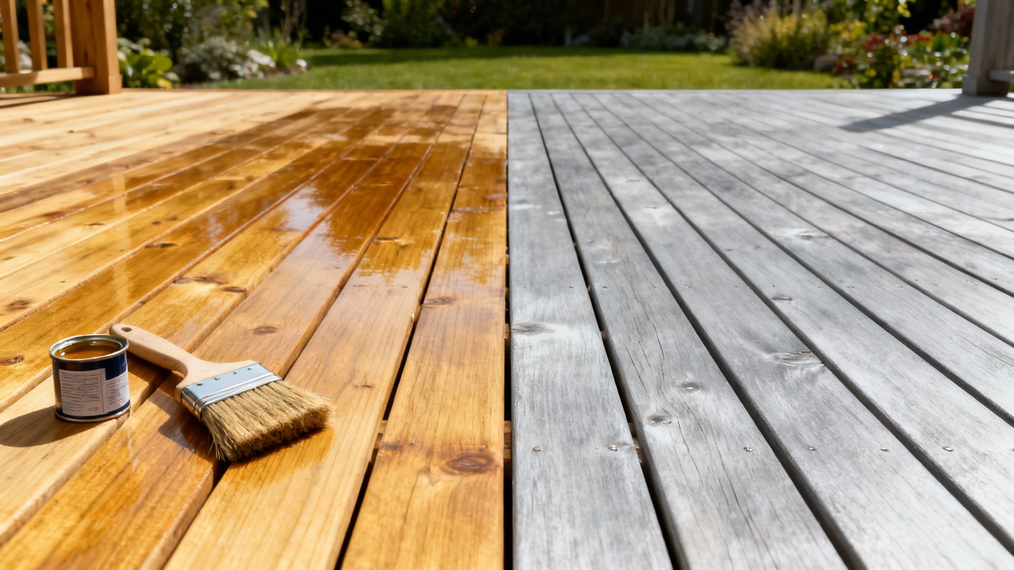 En smuk terrasse i sibirisk lærk, der viser den gyldne farve efter oliebehandling.