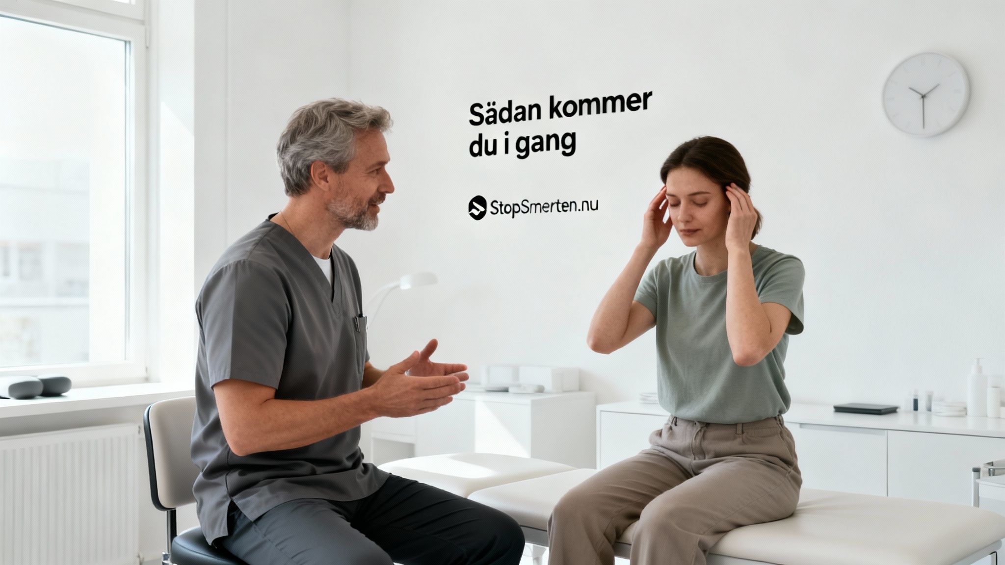 En læge taler med en kvinde, der holder sig til hovedet, i en klinik.