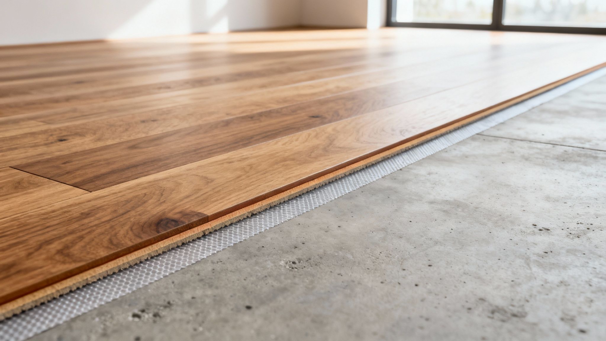 Montering af trægulv på betonunderlag med gulvunderlag og dampspærre.