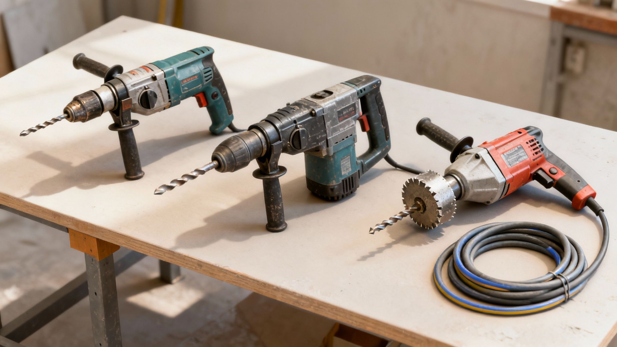 Tre forskellige boremaskiner med bor på en arbejdsbænk, klar til brug i et værksted.