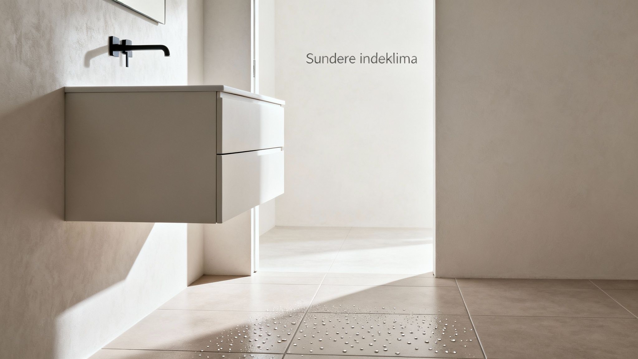 Moderne badeværelse med vanddråber på gulvet, væghængt vask og tekst om sundere indeklima.