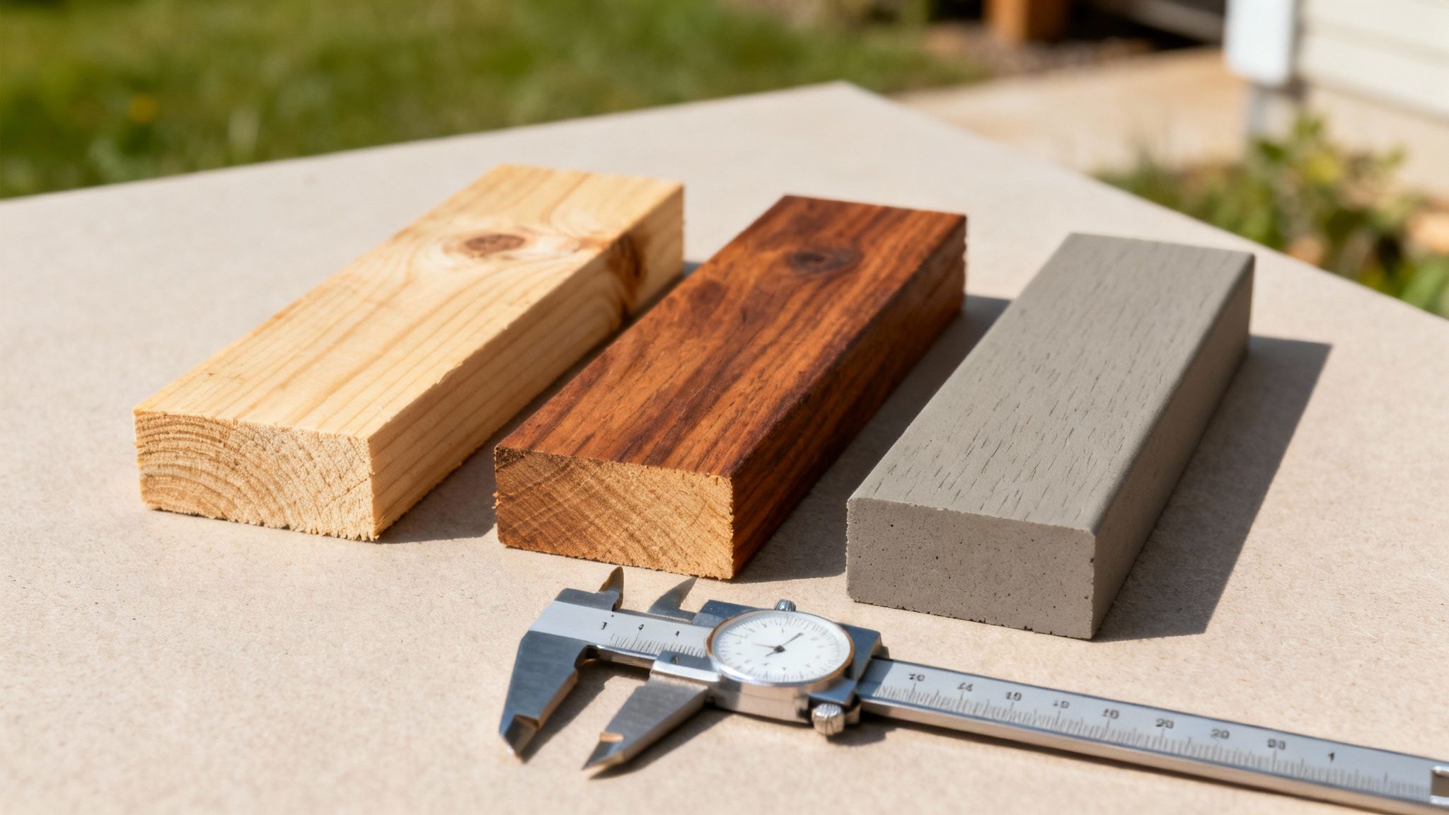 Tre forskellige materialeprøver af træ og komposit til terrassestrøer, målt med en skydelære i sollys.