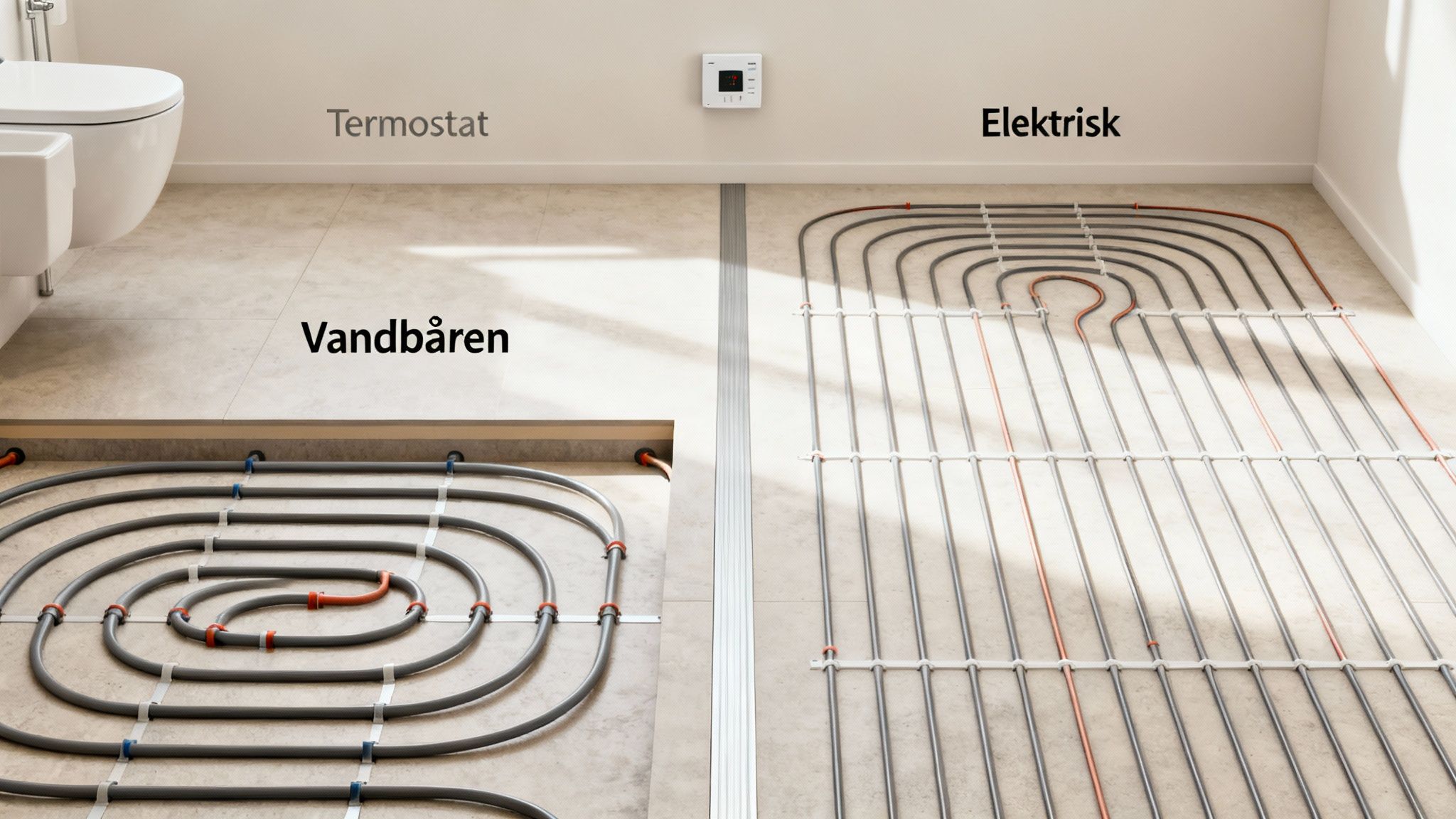 Detaljeret billede af gulvvarmeslanger der lægges på et gulv.