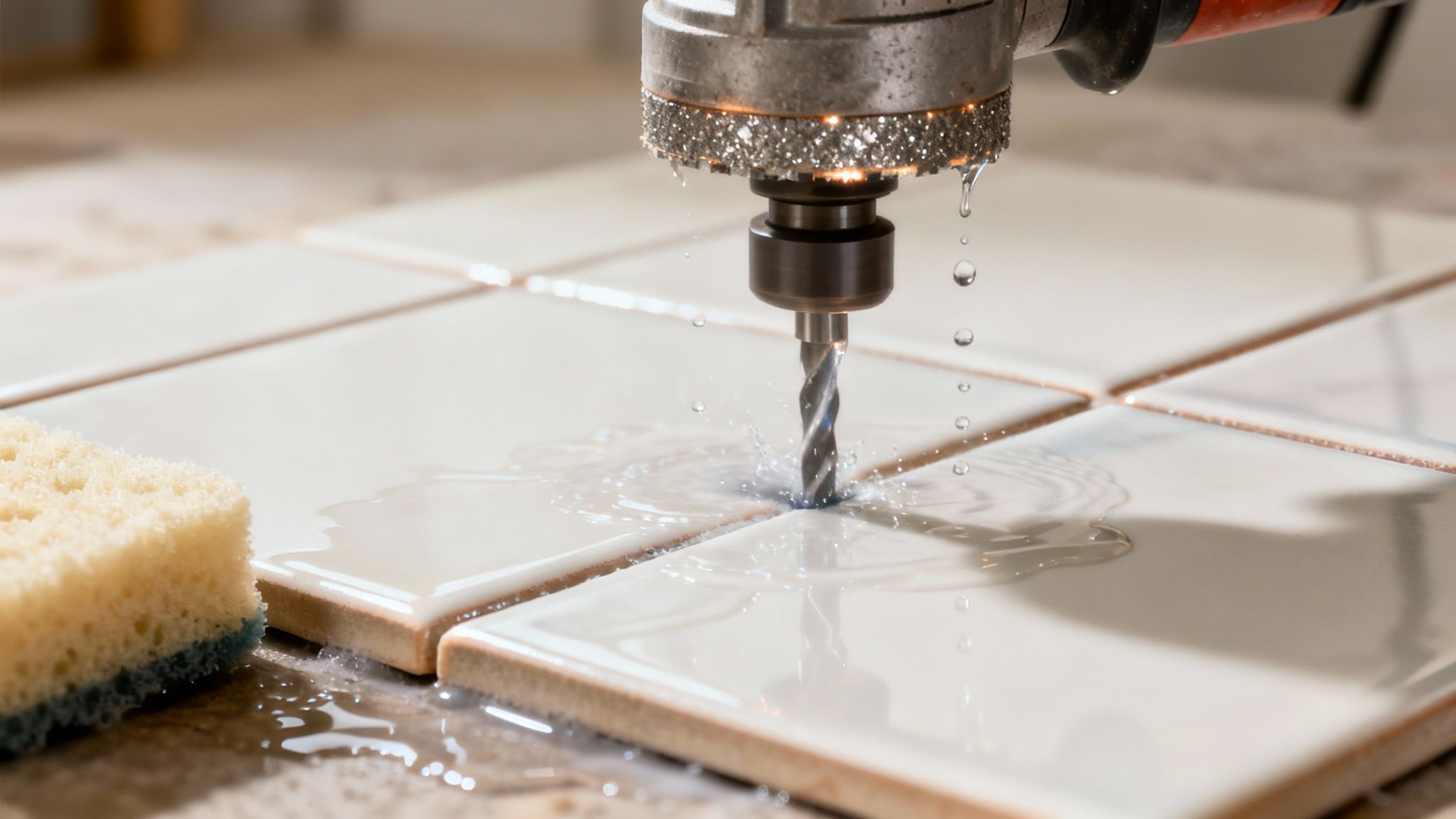En boremaskine med vandkøling borer et hul i hvide fliser til renovering.