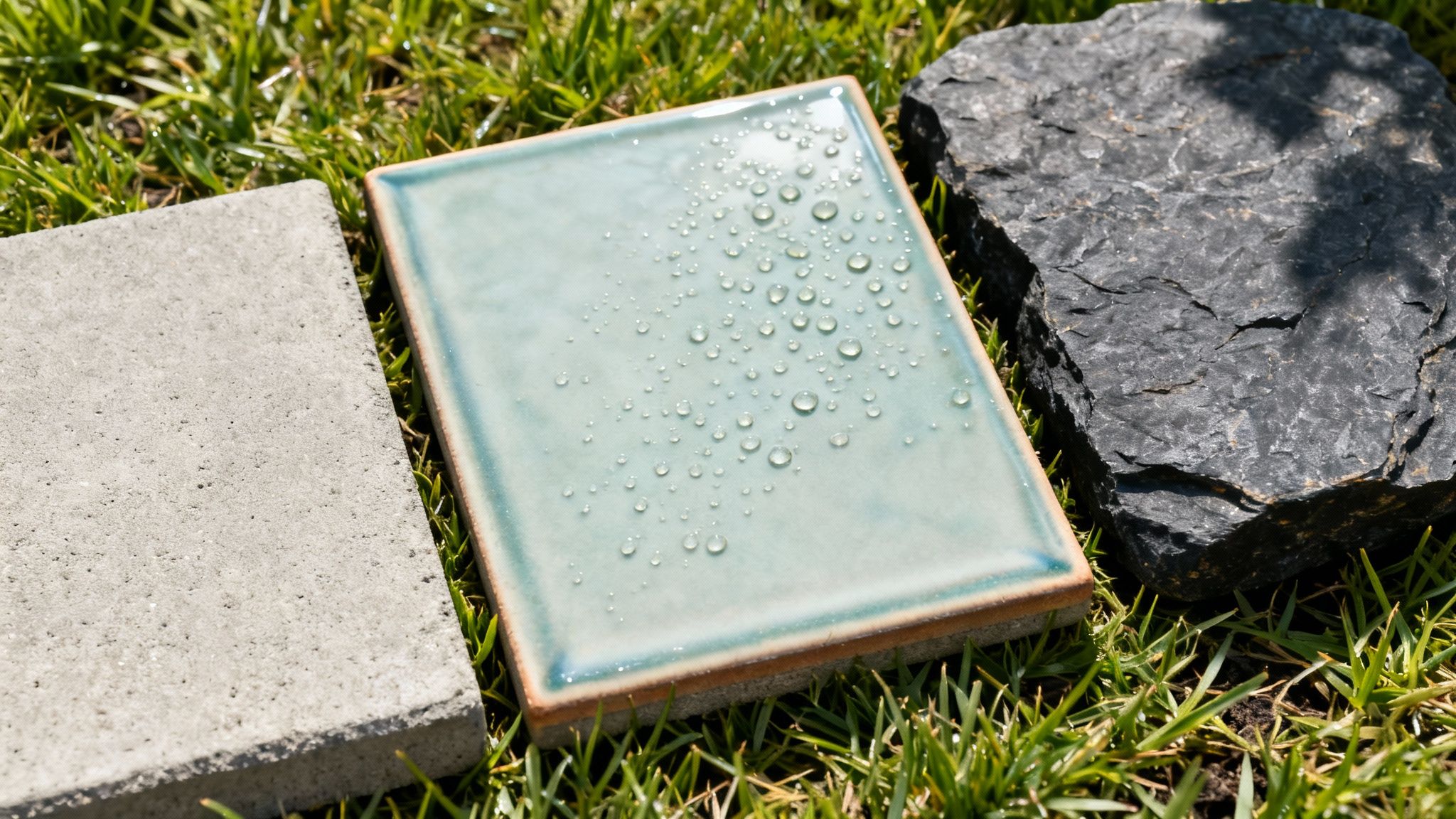 Tre prøver af materialer – betonflise, lysegrøn flise med vanddråber og mørk sten – vist på græs i solskin.