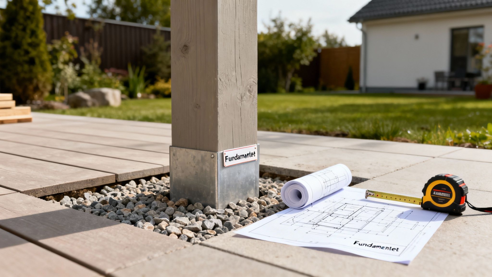 Fundament til en ny terrasse med en træstolpe, byggetegninger og målebånd på jorden.