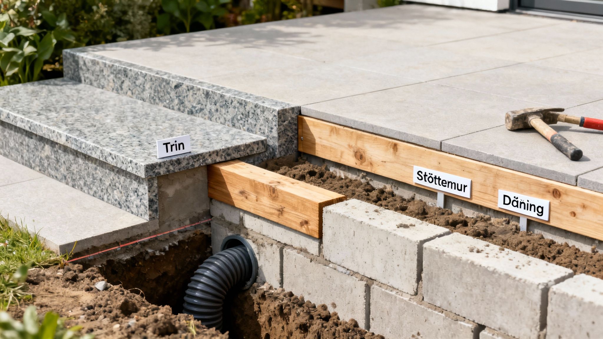 Detaljeret billede af en terrassekonstruktion med granittrin, drænrør, betonblokke og træbjælker.