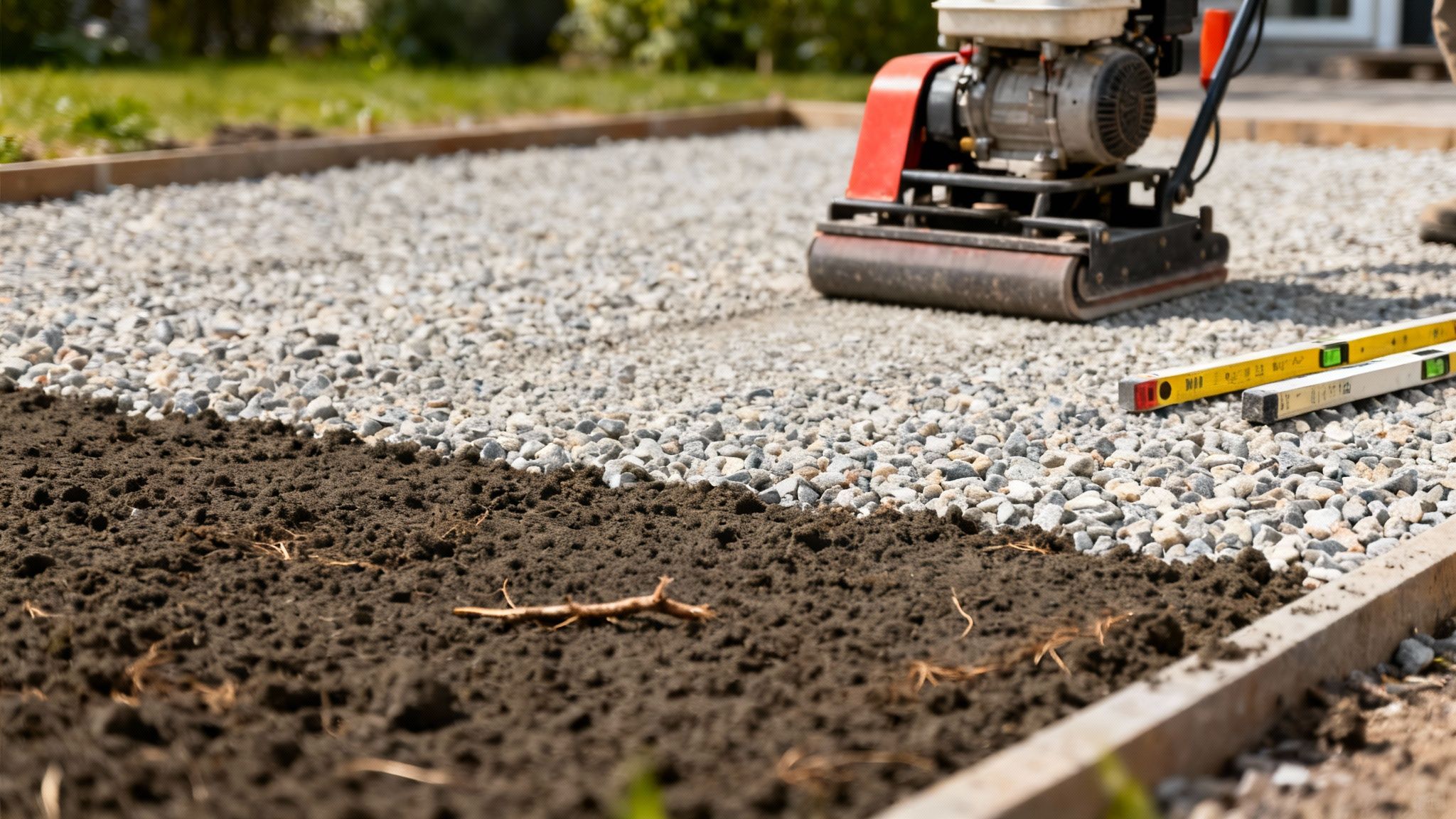 Professionel tømrer i gang med at komprimere grus med en pladevibrator for at skabe et solidt fundament til en ny træterrasse.