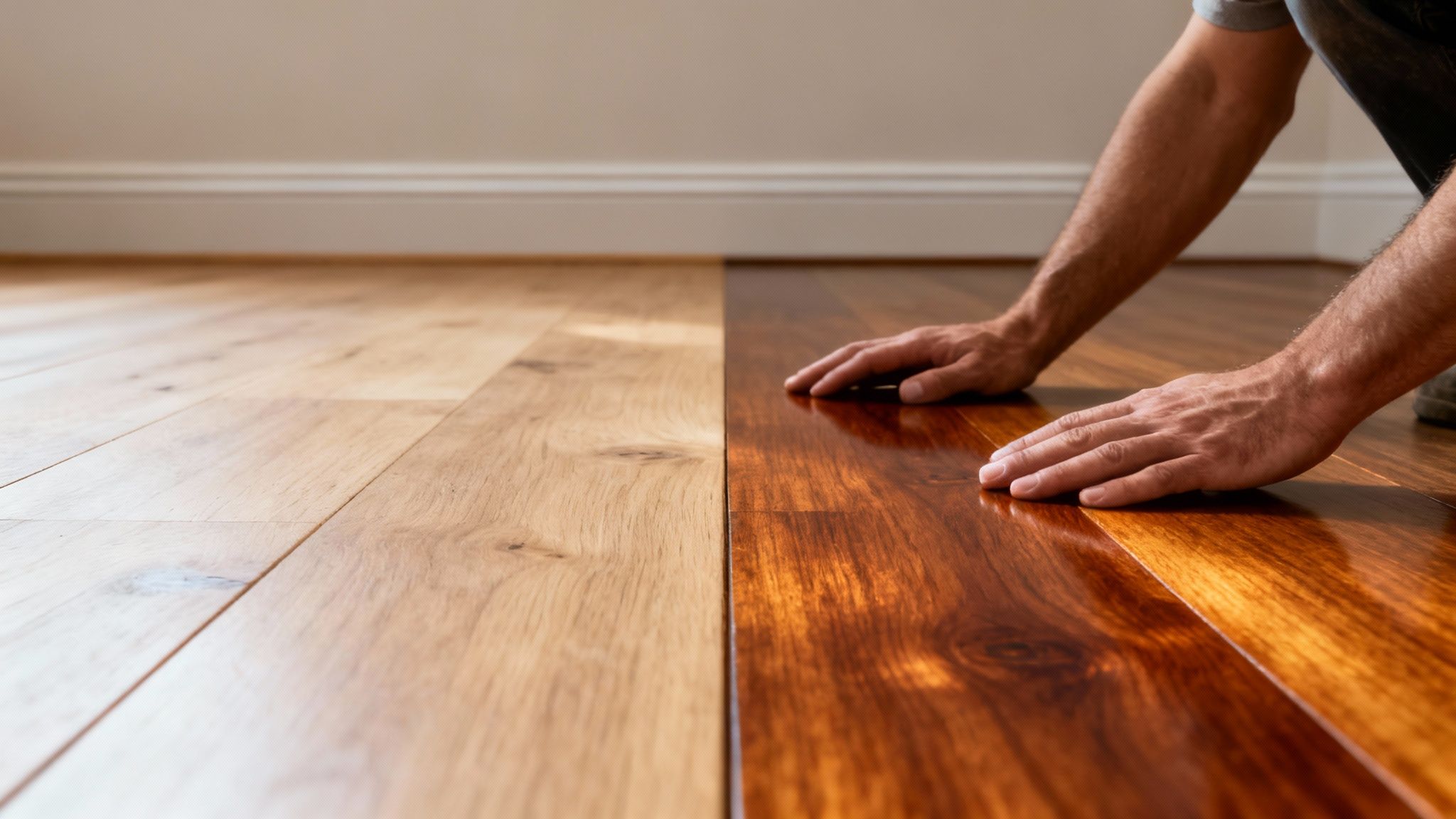 Hænder på et trægulv, der viser forskellen mellem ubehandlet og oliebehandlet træ.