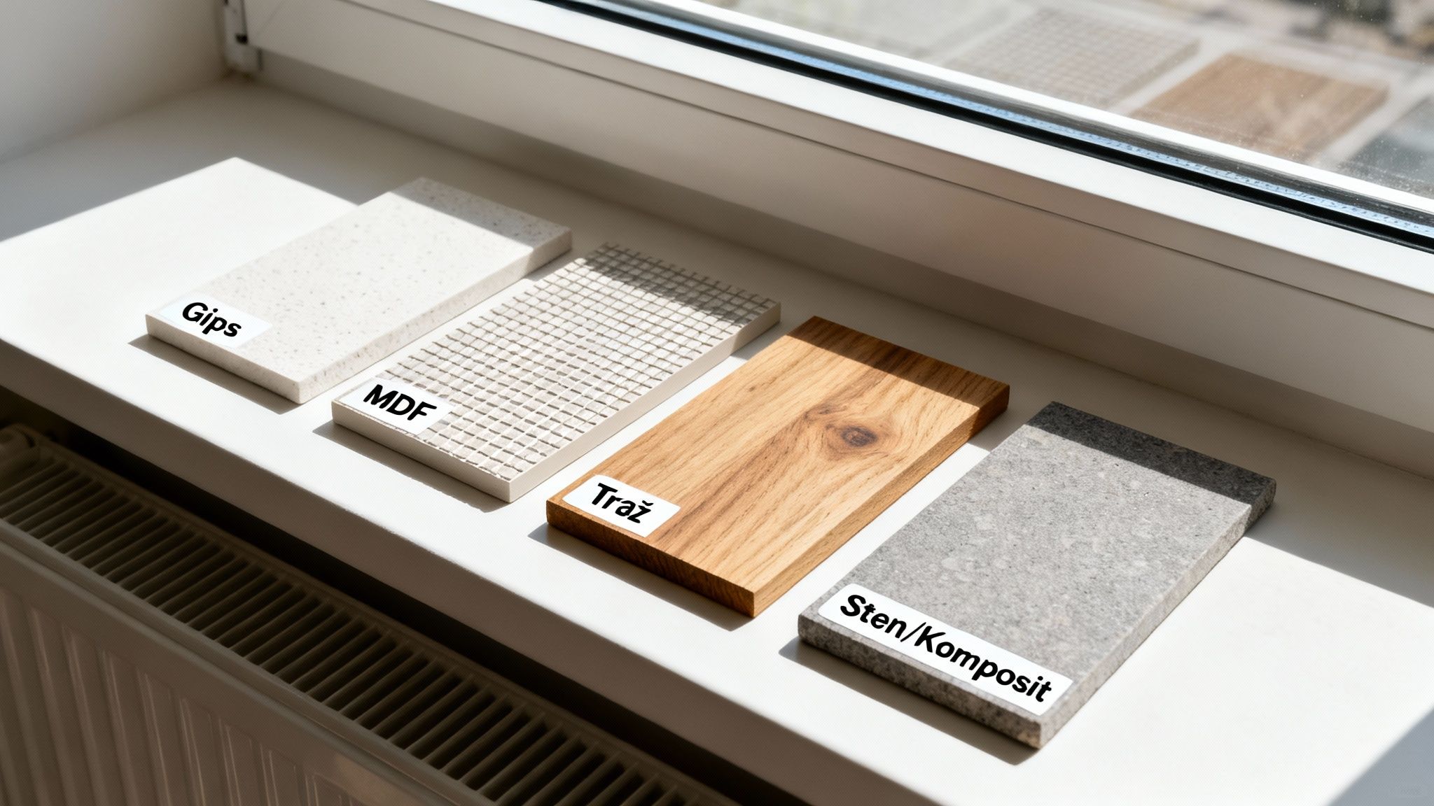 Fire materialeprøver af gips, MDF, træ og sten/komposit ligger på en solrig vindueskarm.