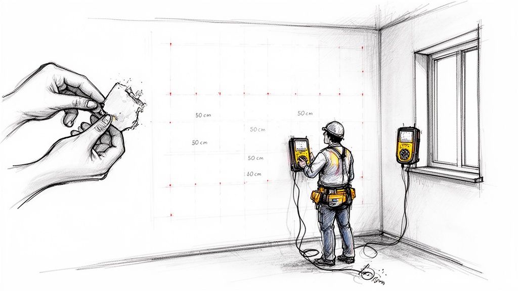 En mand måler fugt i en væg med professionelt udstyr, og et nærbillede af hænder der forbereder en prøve.