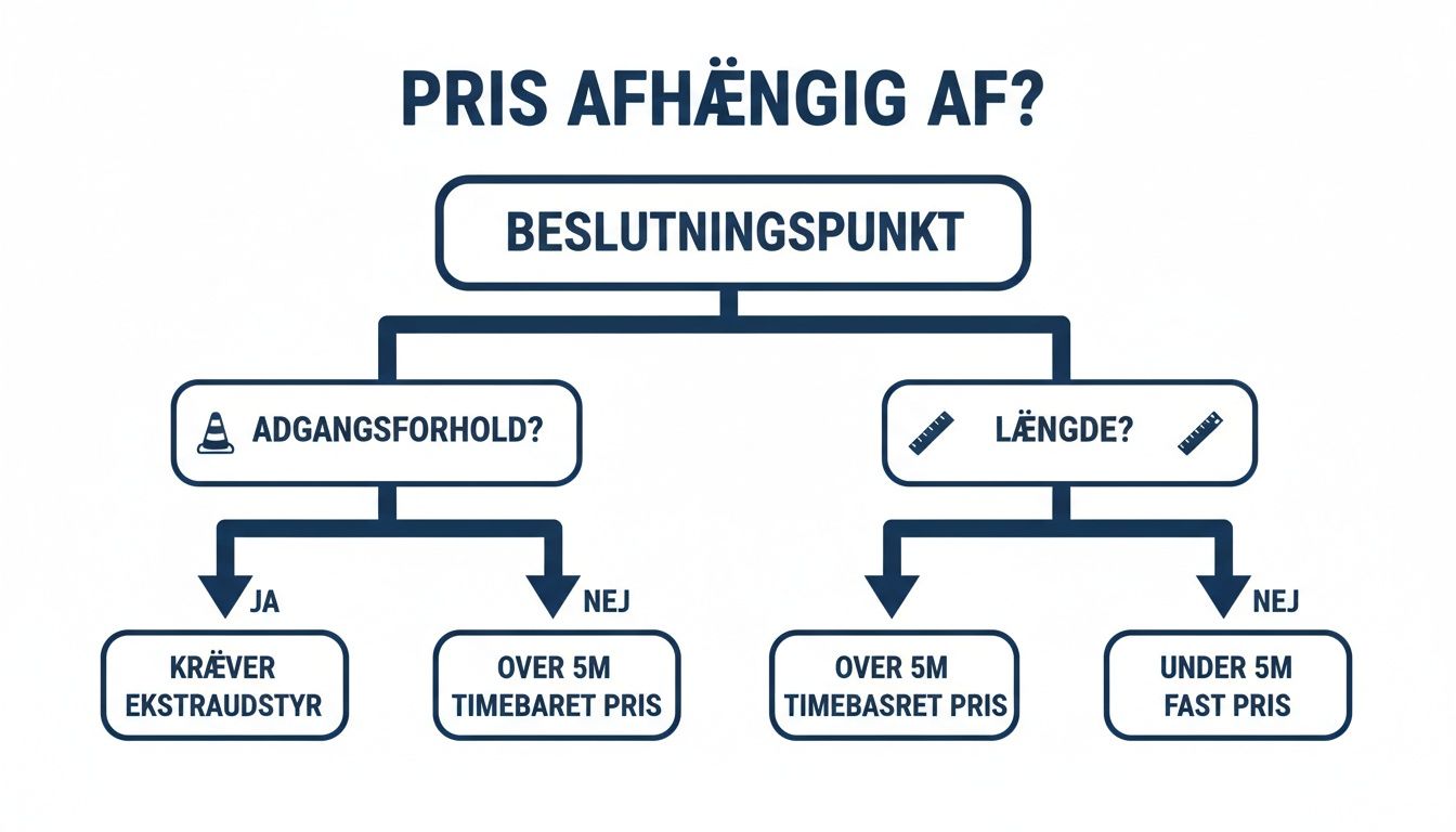 Flowchart, der viser prisberegning for tv-inspektion baseret på adgangsforhold og længde.