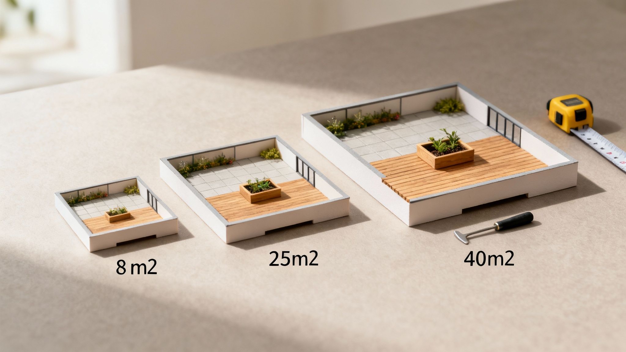 Tre miniature terrasser i forskellige størrelser (8m², 25m², 40m²) på et bord med værktøj.