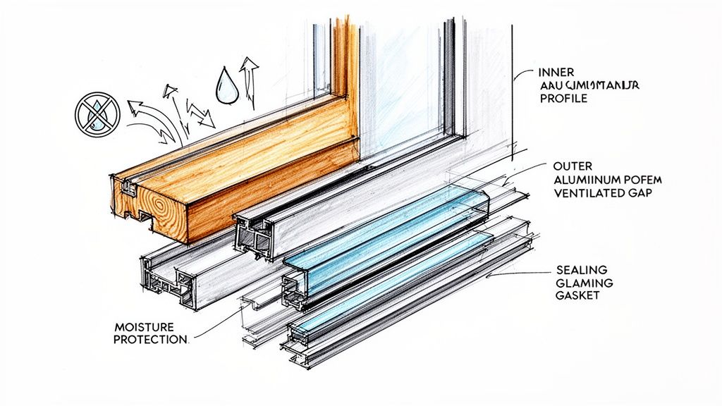 Tværsnitsdetalje af et vindue, der viser træramme, aluminiumprofiler, ventileret hulrum, tætning og fugtbeskyttelse.