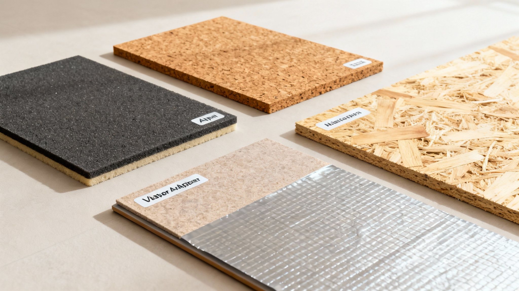 Forskellige typer af underlag til trægulve, herunder kork, skum, OSB-plade og isoleringsmateriale med folie.