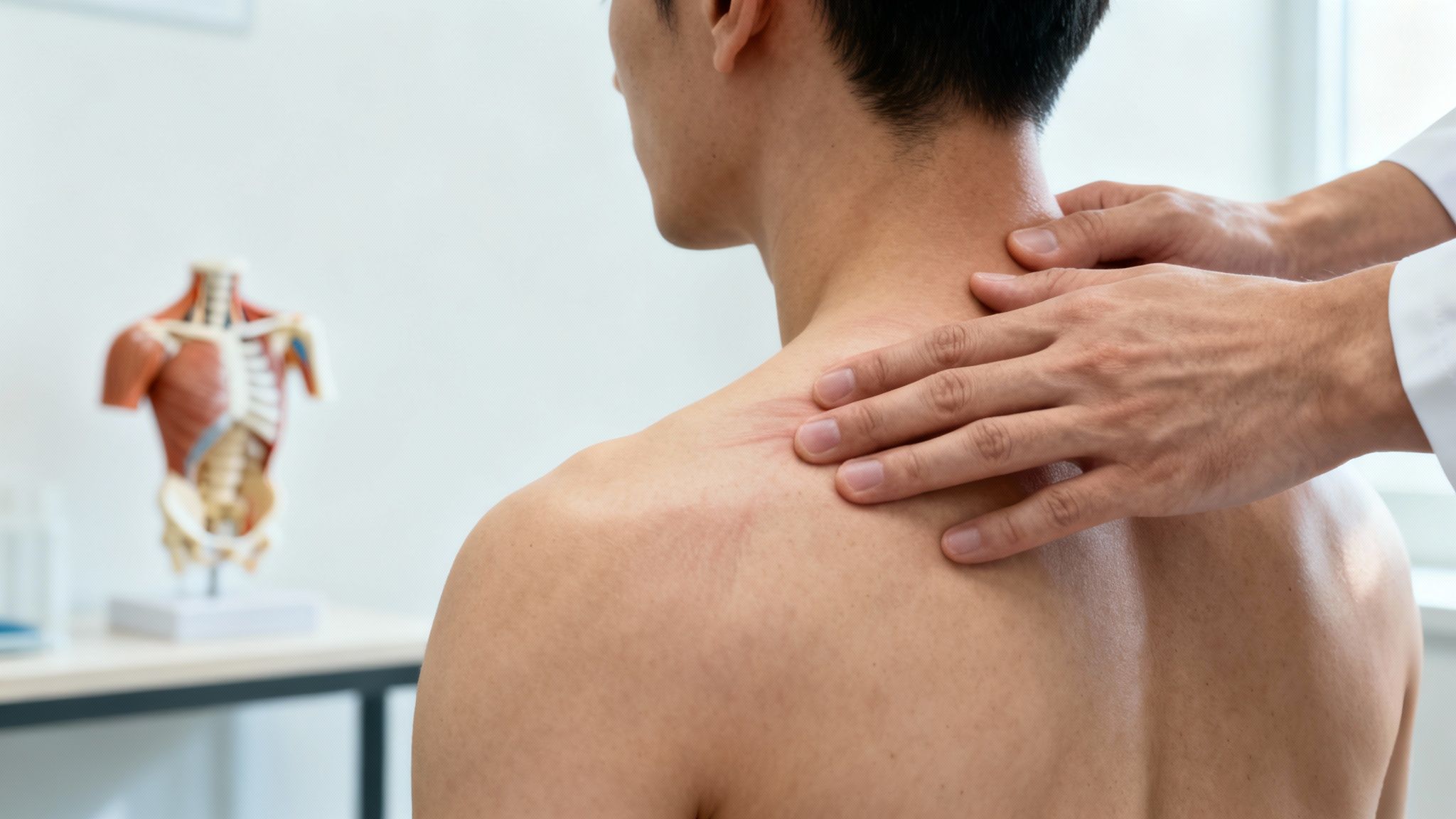 En læge masserer en patients nakke og skulder. Patienten har røde mærker på huden, og en anatomisk model er i baggrunden.