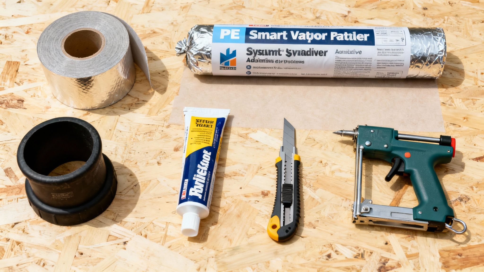 Forskellige materialer og værktøjer til montering af dampspærre, herunder tape, rør, klæbemiddel, hobbykniv og hæftepistol.