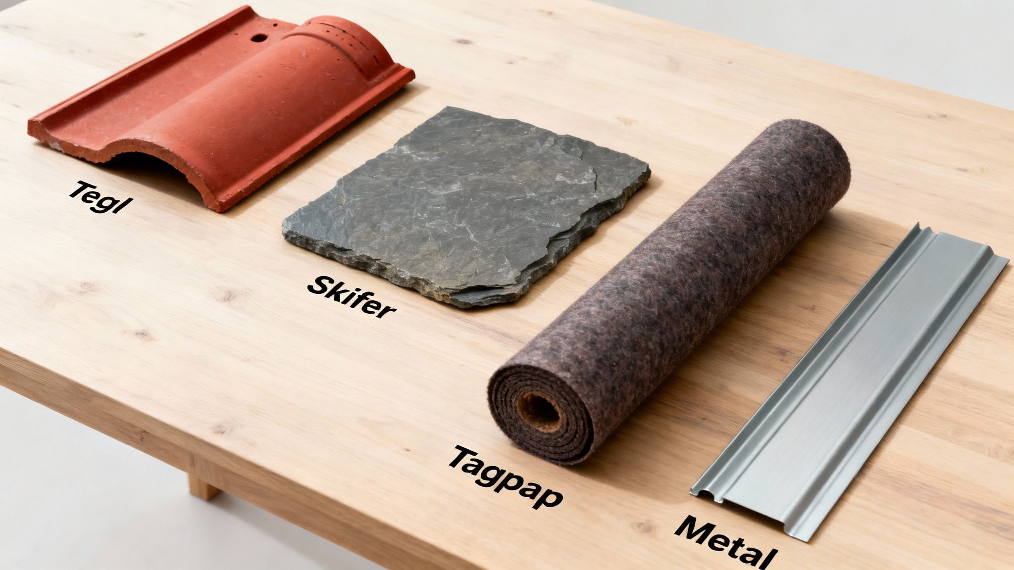 Fire eksempler på tagmaterialer: tegl, skifer, tagpap og metal, udstillet på et træbord.