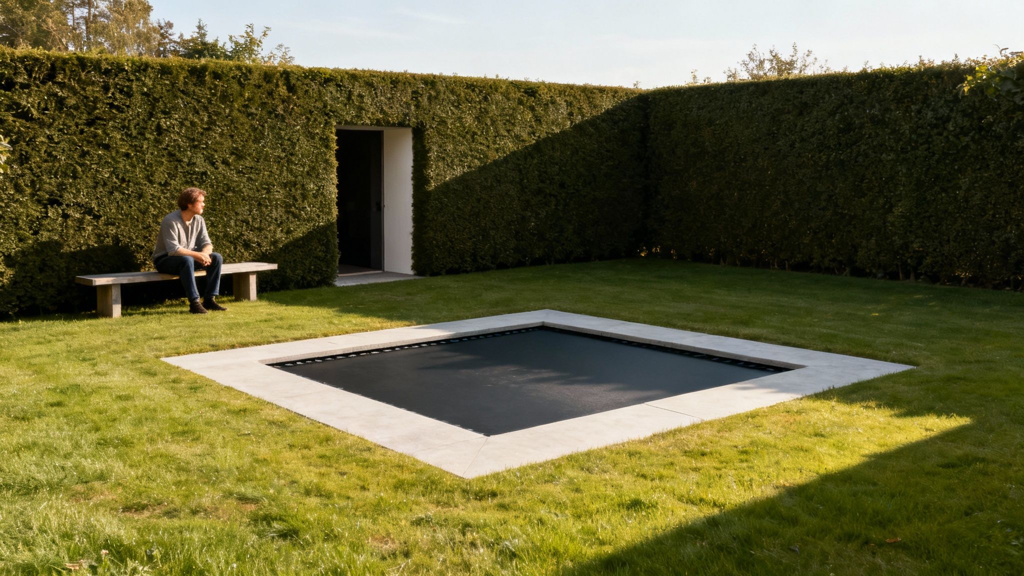 En flot nedgravet firkantet trampolin i en moderne have