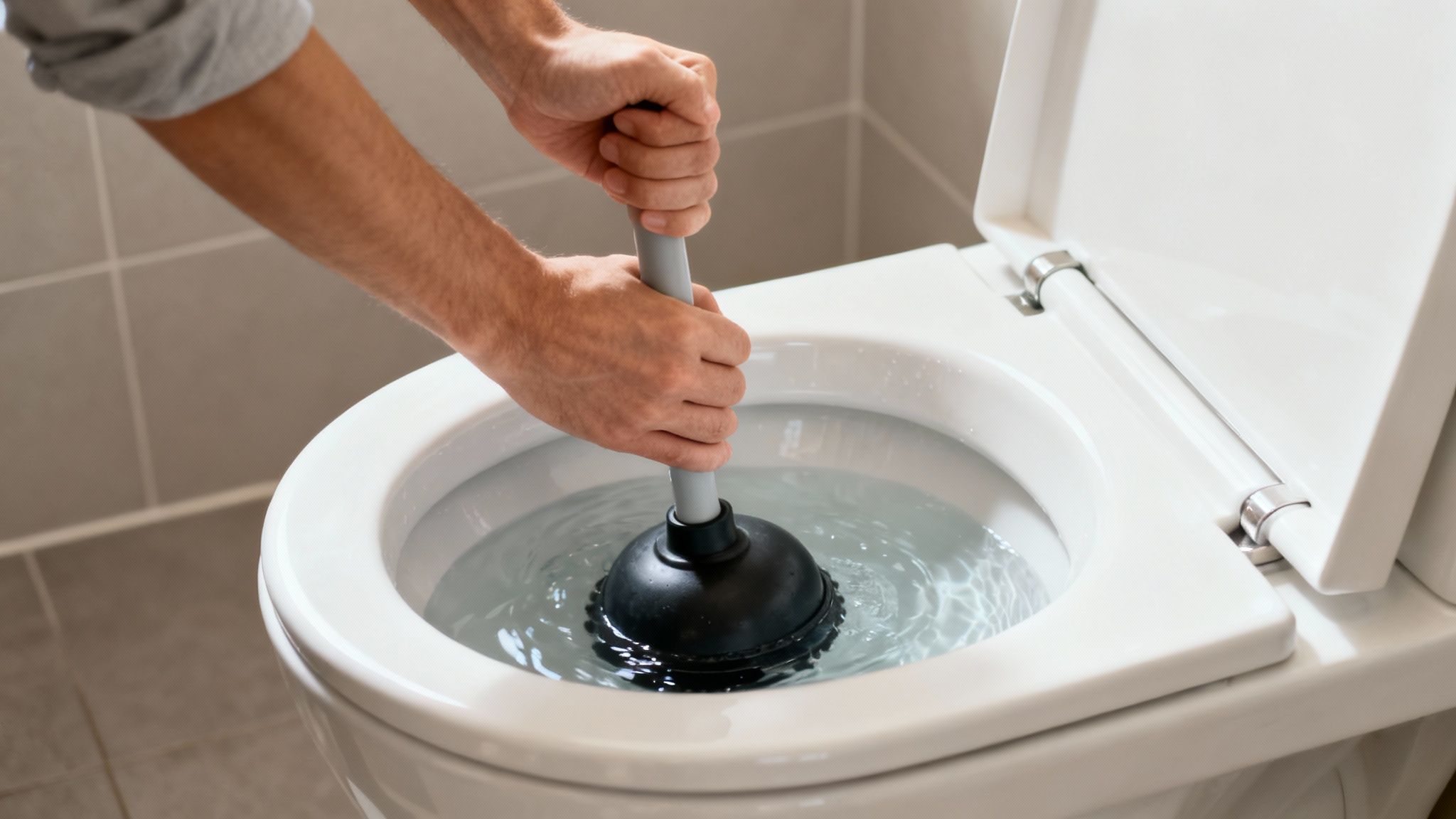 En person bruger en svupper til at fjerne et tilstoppet toilet. Vandet er synligt i skålen.