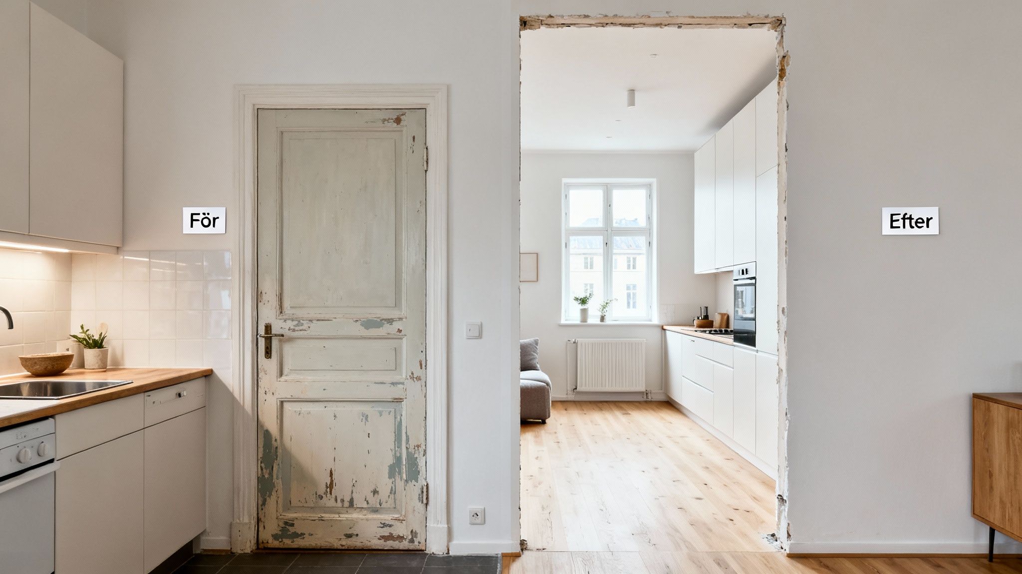 Før og efter billede af totalrenovering: Gammel køkkenindgang med dør vs. åben, moderne køkkenalrum.