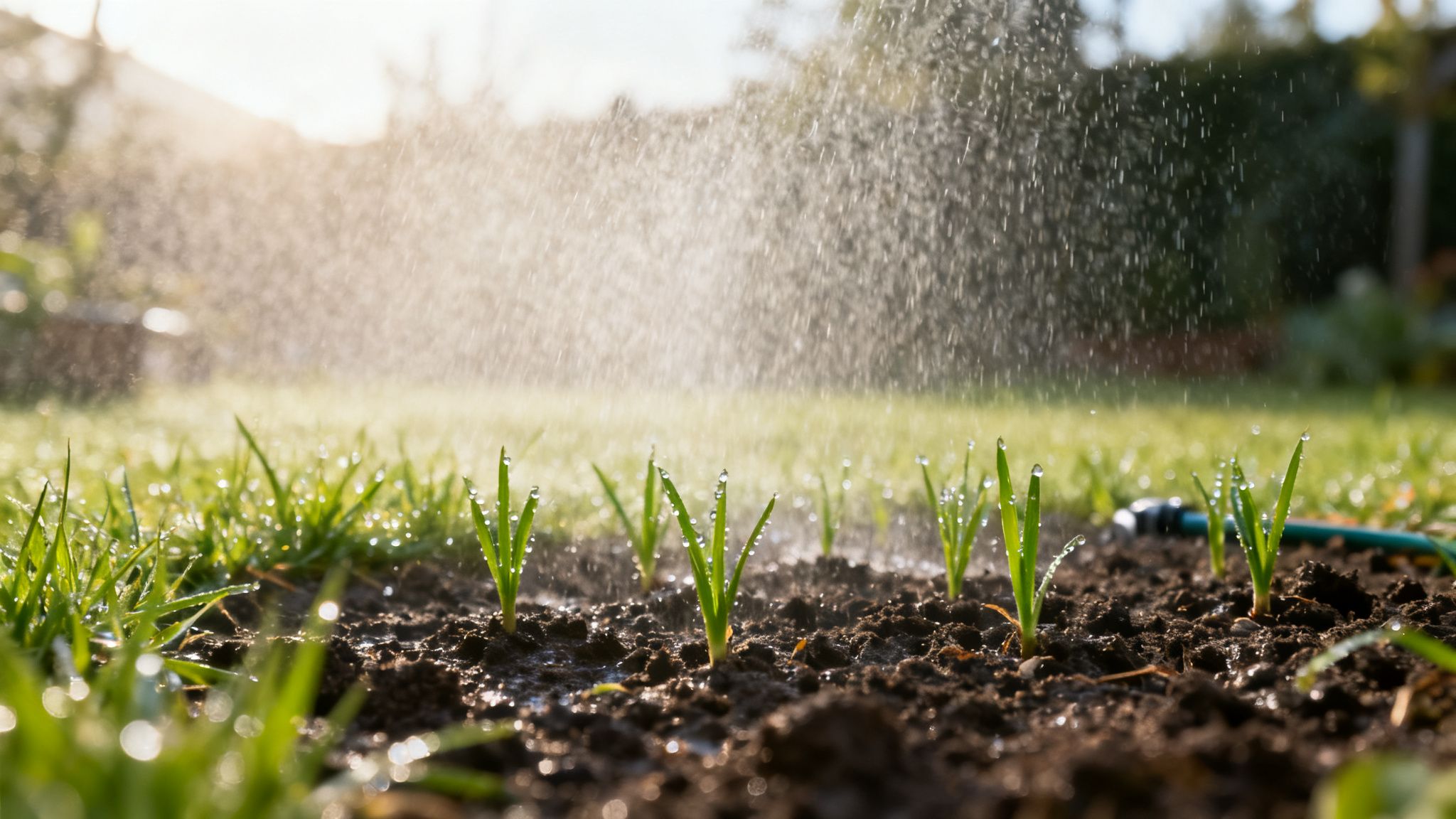 Små grønne spirer med vanddråber vandes af en sprinkler i en solrig have, med fugtigt jord.