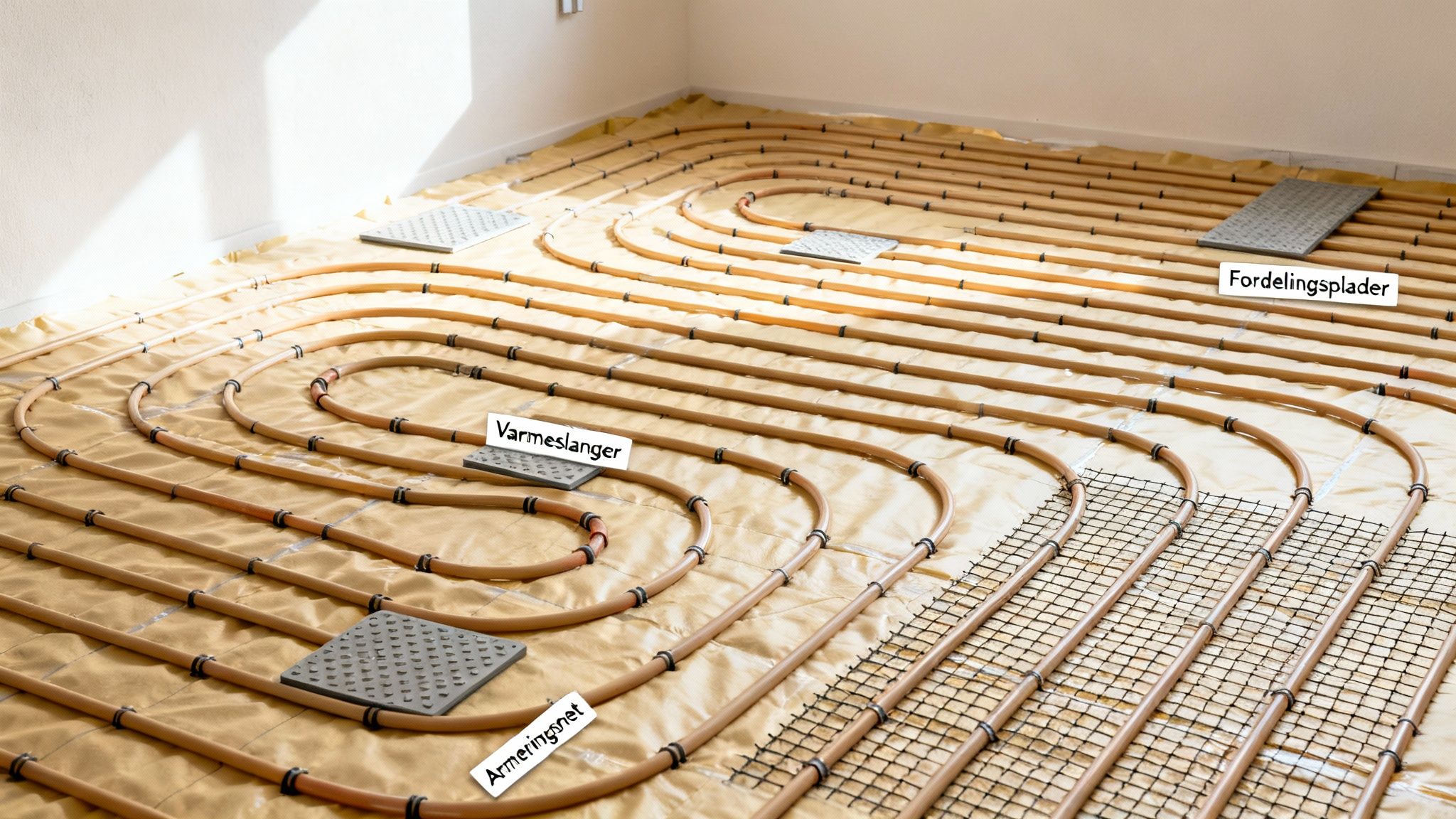 Gulvvarmeinstallation med varmeslanger, fordelingsplader og armeringsnet klar til støbning af nyt gulv.
