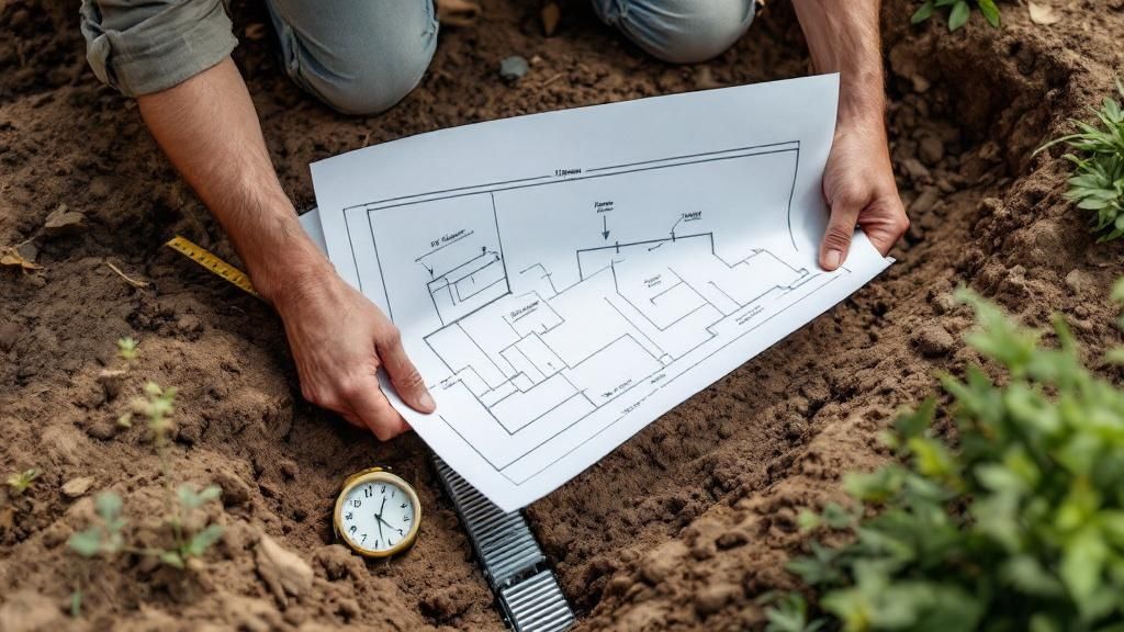 En person, der inspicerer et husfundament udefra