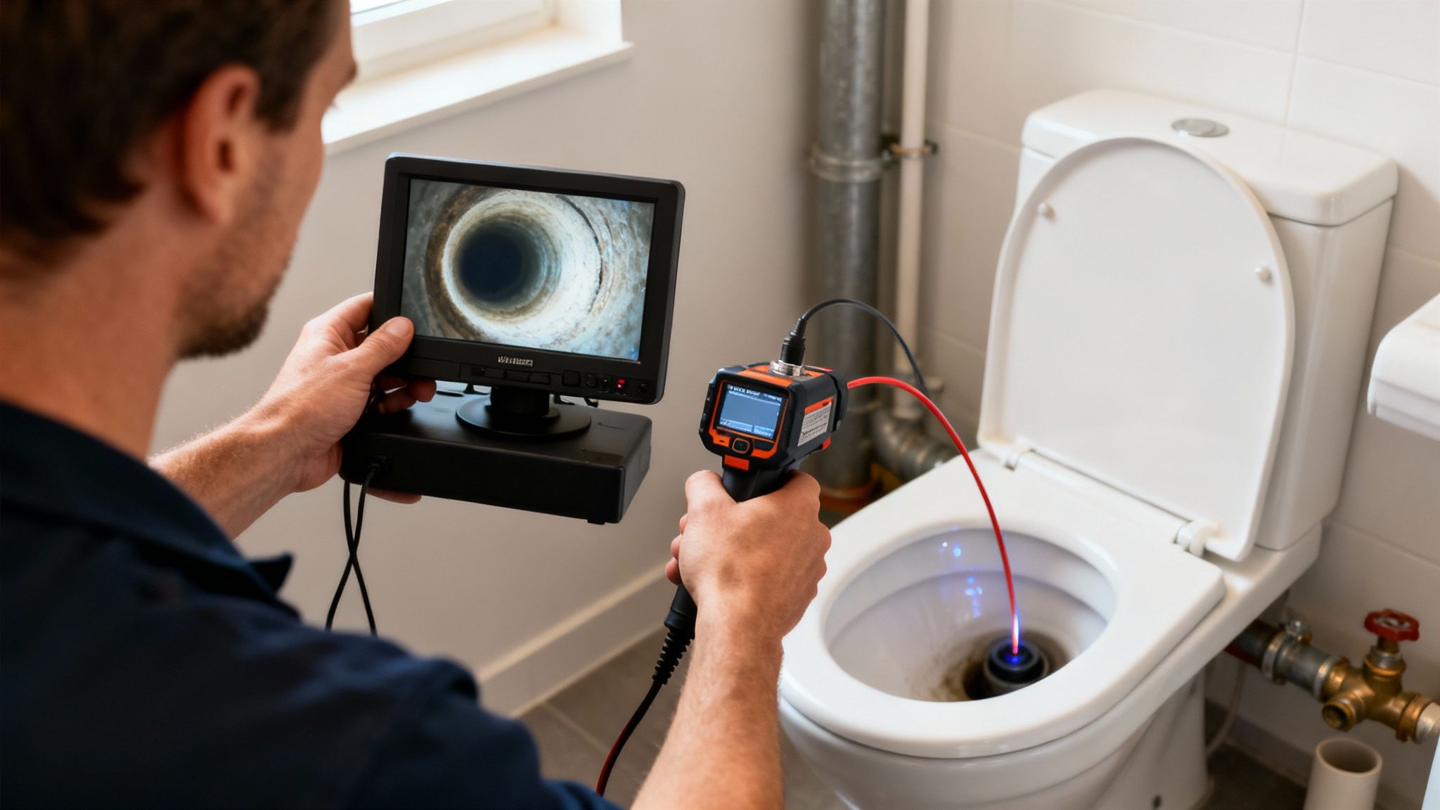 En mand udfører rørinspektion af et toilet afløb med et professionelt kamera og skærm.