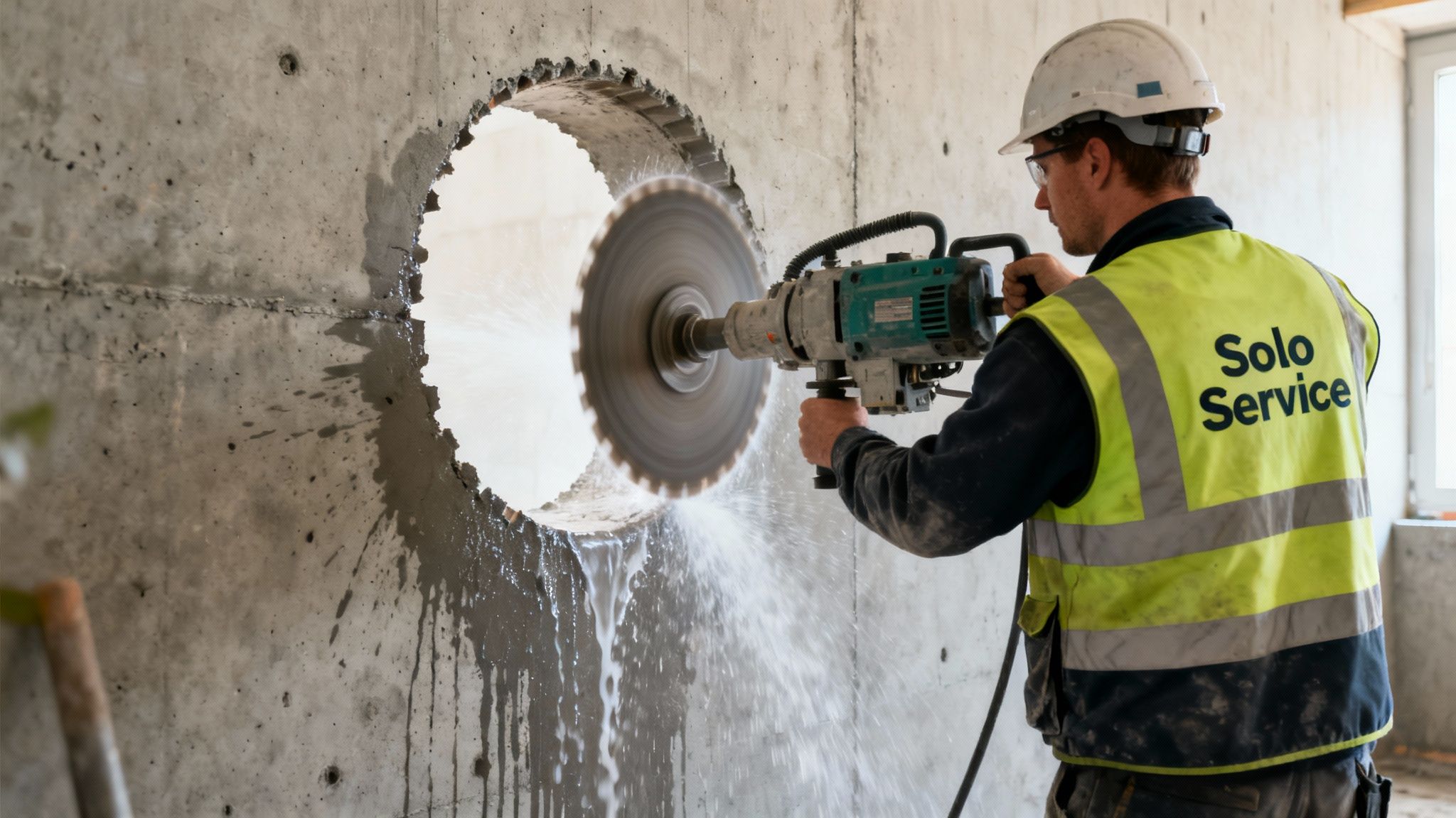 En bygningsarbejder borer et stort rundt hul i en betonvæg med en kraftig diamantsav, mens vand sprøjter.