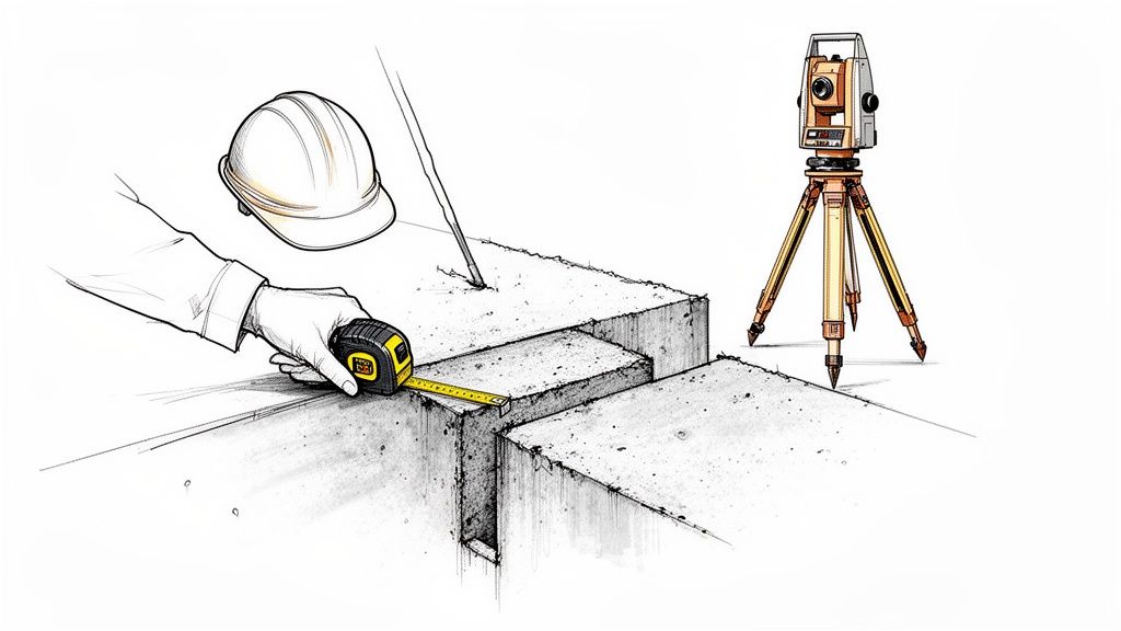 Hånd måler betonblokke med målebånd, hard hat og landmålerudstyr på en byggeplads.