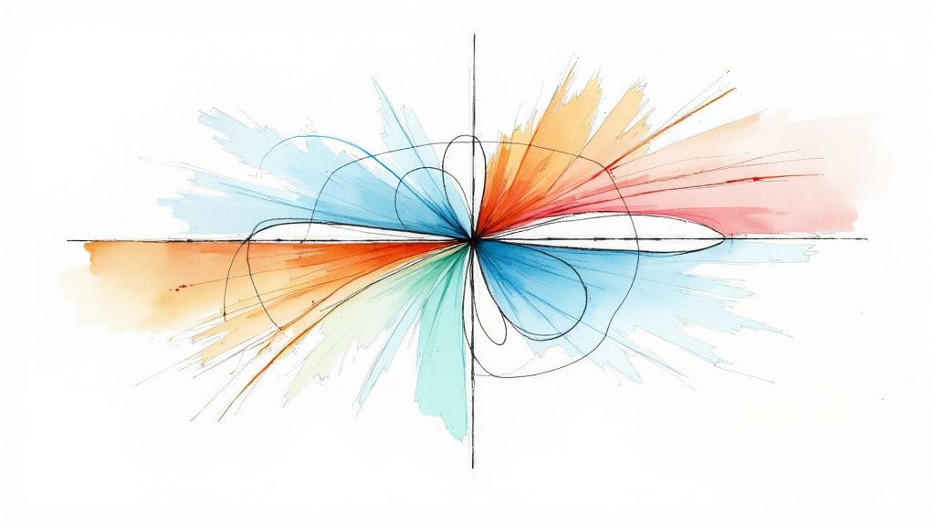 Abstrakt akvarelmaleri med en farverig stjerne- eller blomsterform i blå, orange, rød og grøn, med sorte streger.