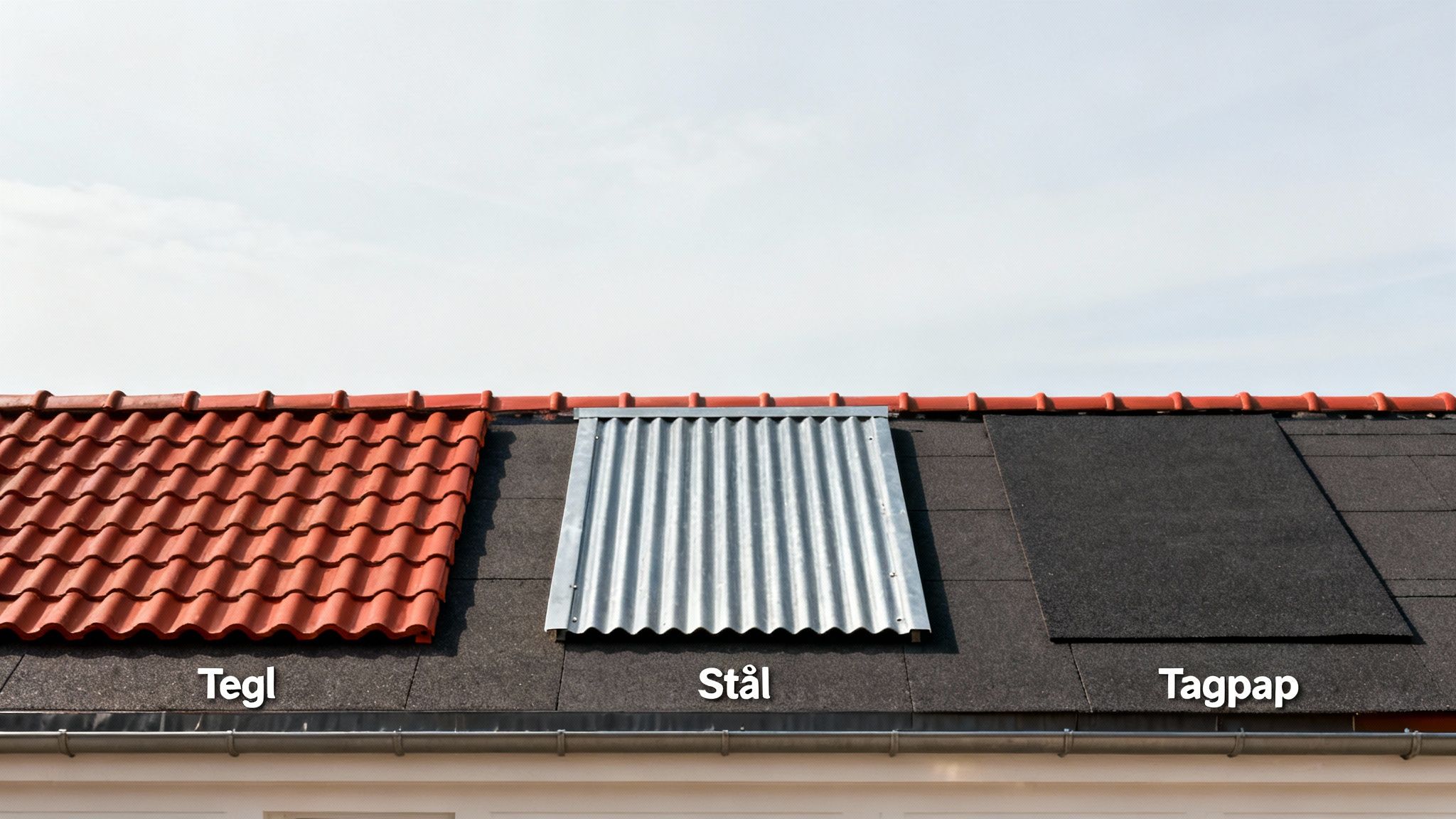 Tre forskellige tagmaterialer: røde teglsten, bølgeblik af stål og sort tagpap, vist på et hustag.