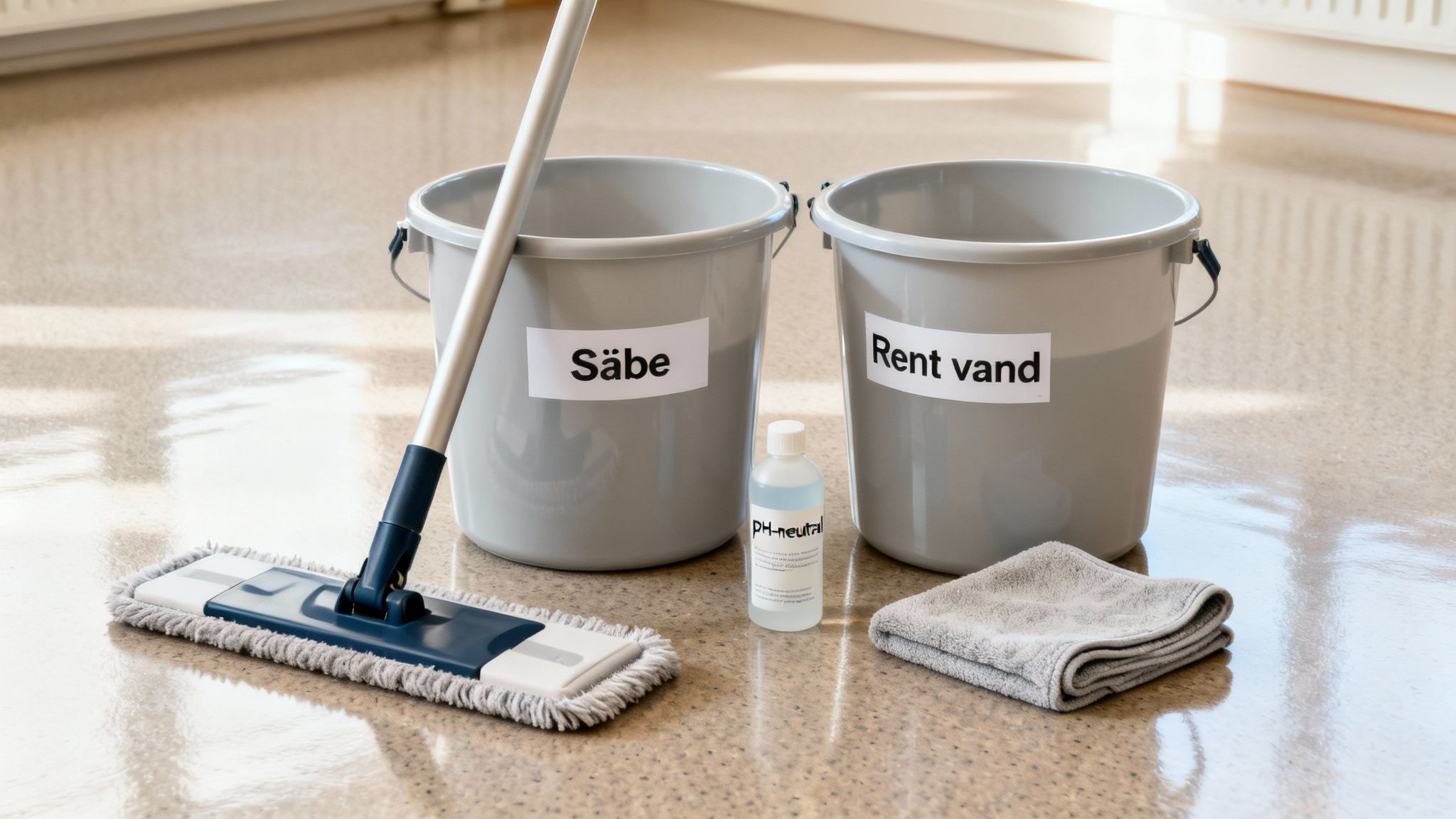 To spande med sæbe og rent vand, en moppe, PH-neutral rengøringsmiddel og en klud til gulvvask.