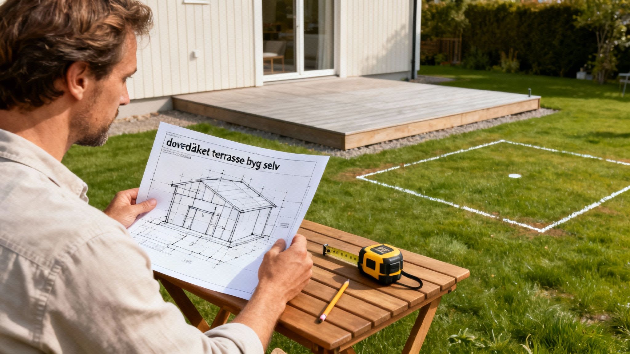 Mand gennemgår byggeplaner for en overdækket terrasse i sin have, med målebånd og markeret område.