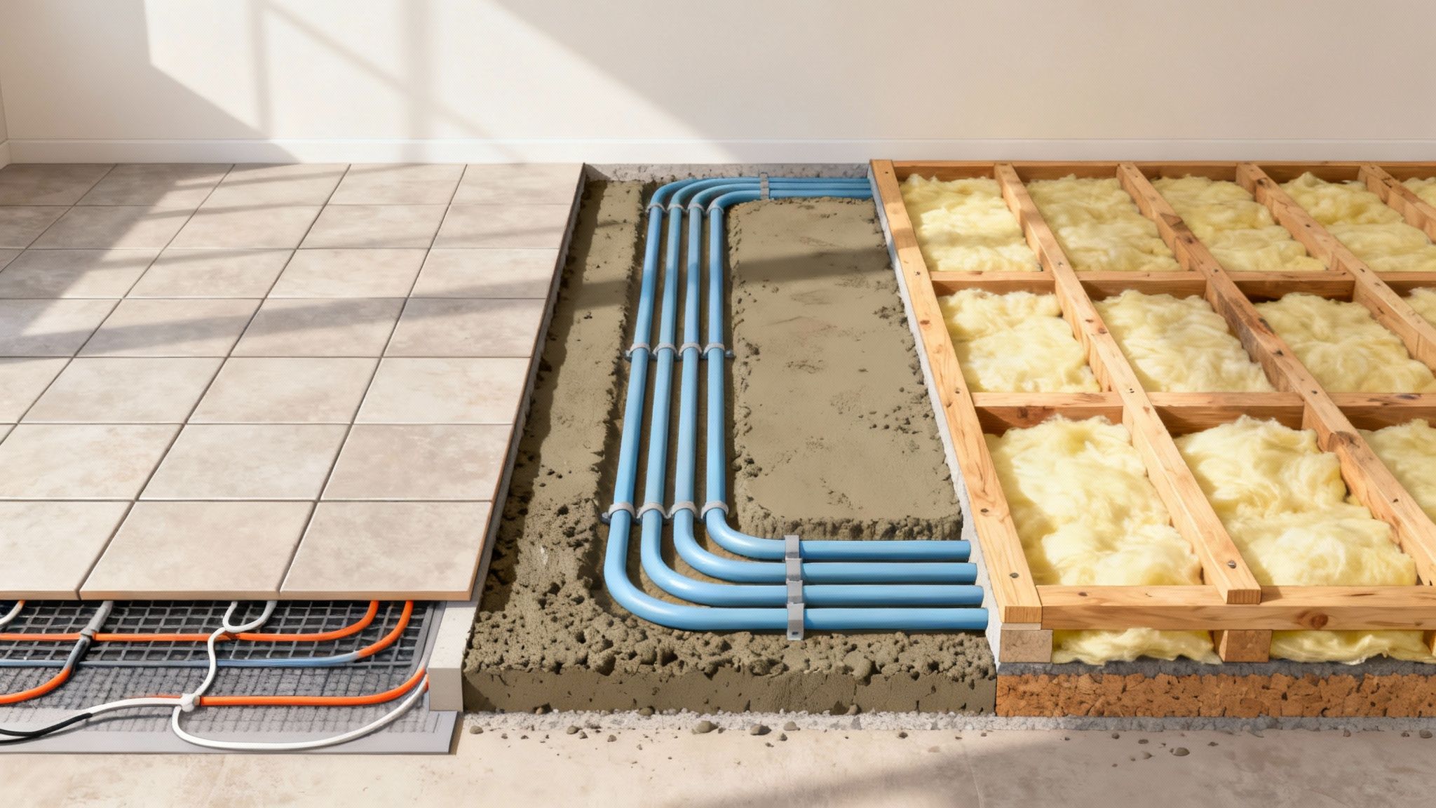 En tømrer installerer gulvvarmeslanger