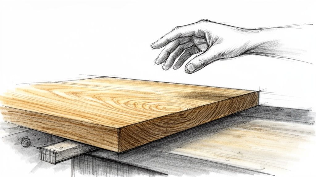 En hånd rækker ud over et stykke træ med tydelig årestruktur på en arbejdsflade.