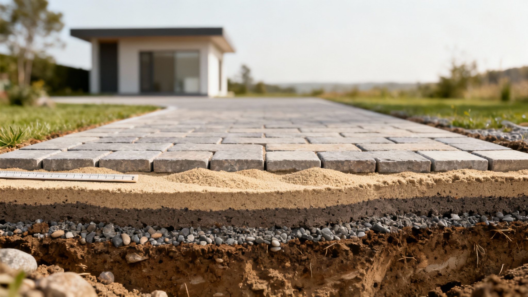 Tværsnit af brolægning med lag af fliser, sand, grus og jord, der viser fundamentets opbygning foran et moderne hus.