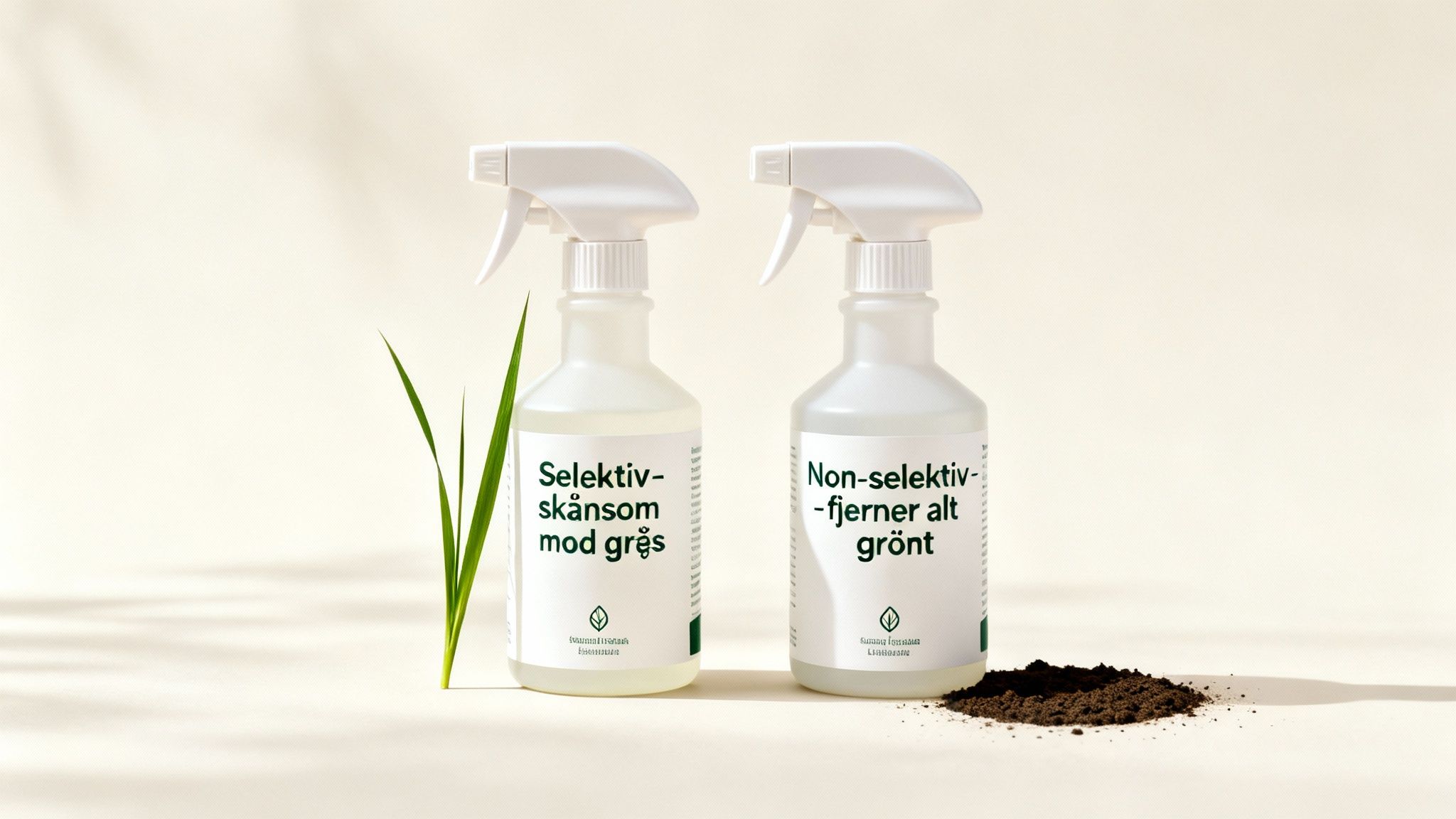 To sprøjteflasker: en med selektivt ukrudtsmiddel mod græs og en med non-selektivt middel til alt grønt.