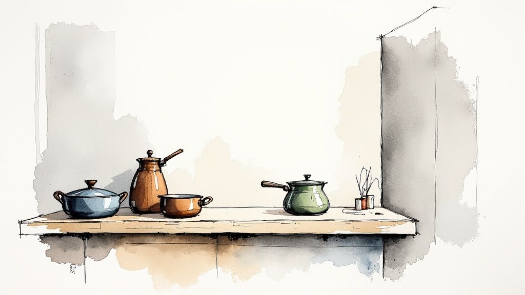 En illustration af køkkengrej som gryder og kander på en hylde i akvarel, med stiliseret baggrund.