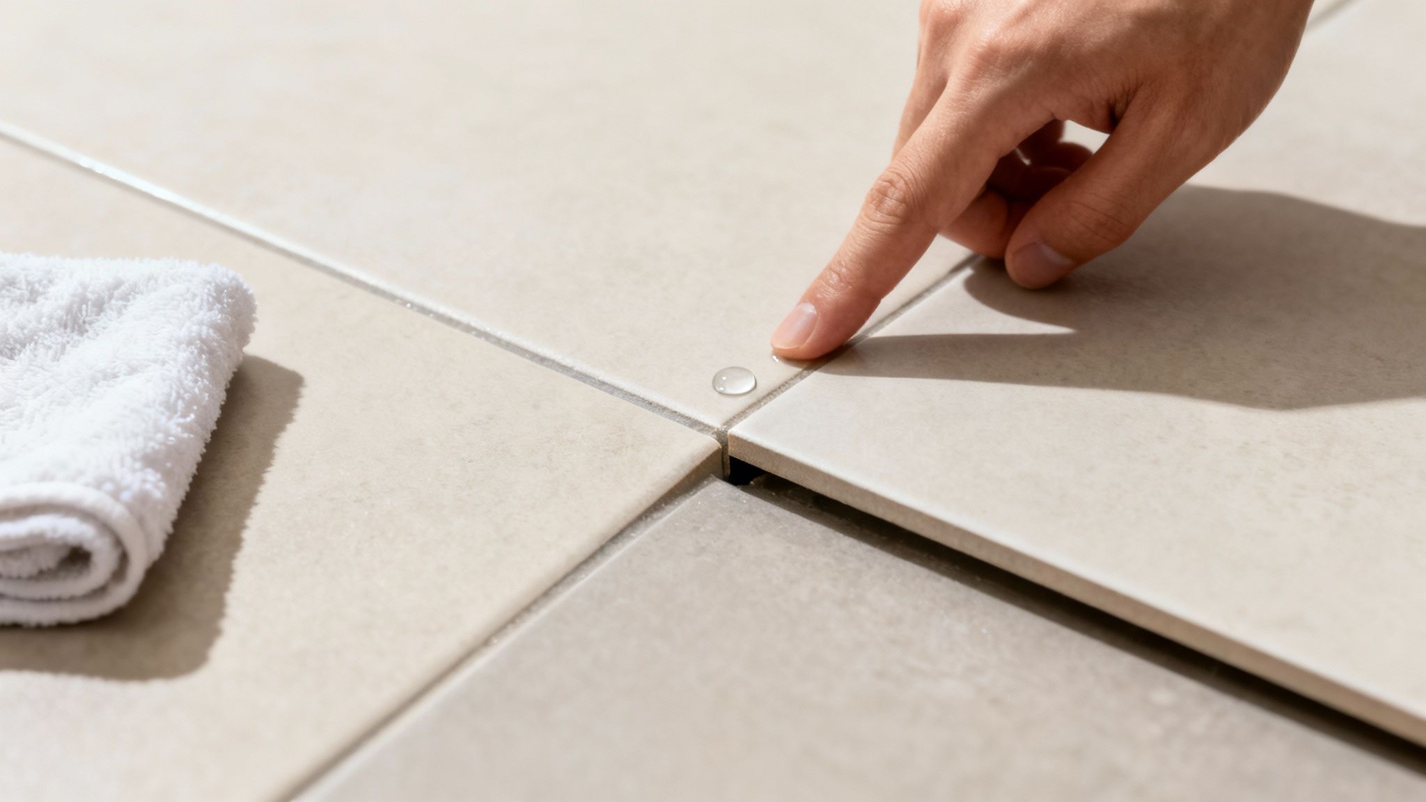 En hånd rører ved en vanddråbe på lyse gulvfliser, med et hvidt håndklæde tæt på.