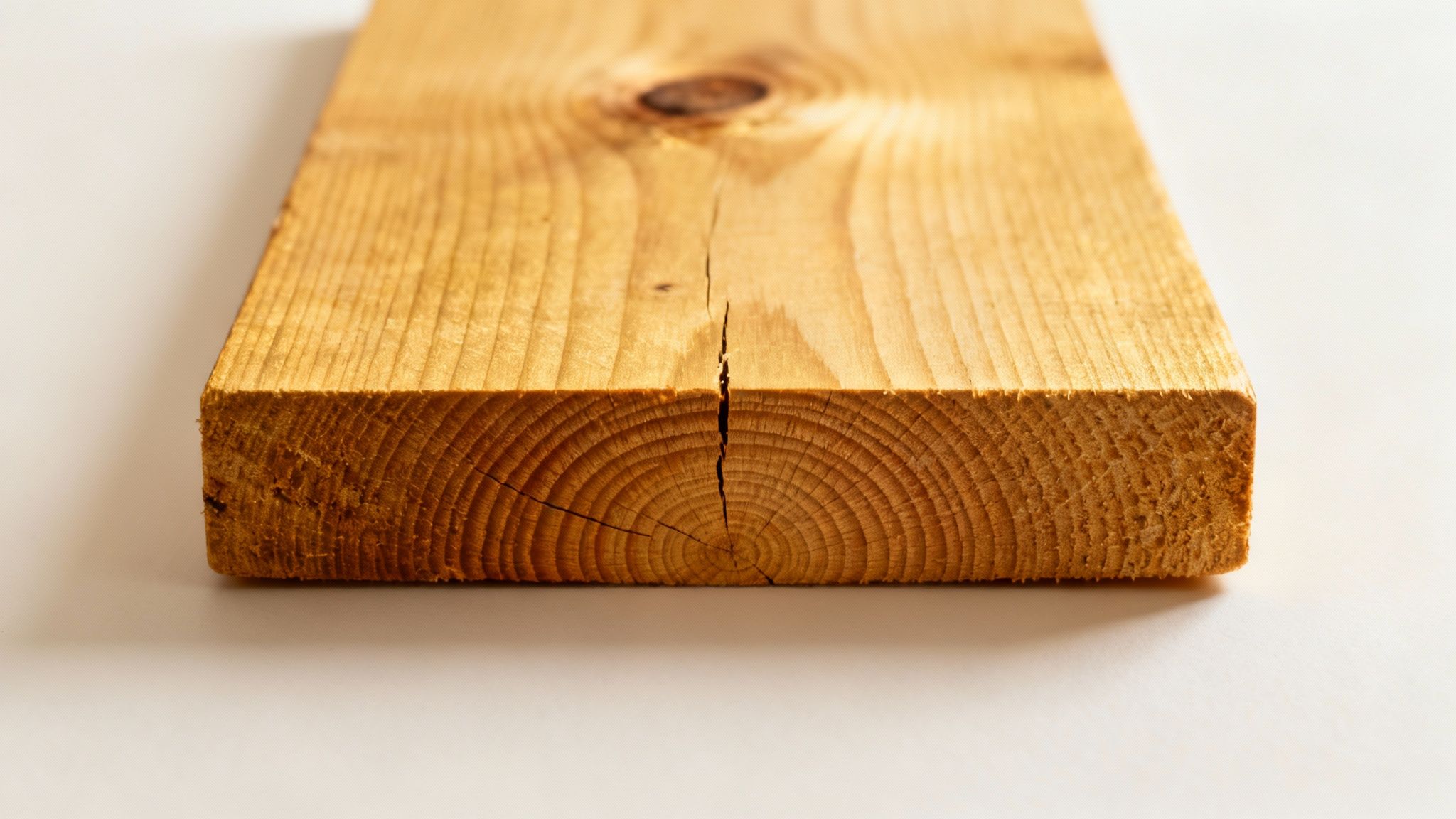 Brædde af egetræ med tydelige åringe og naturlig revne, der viser træets struktur