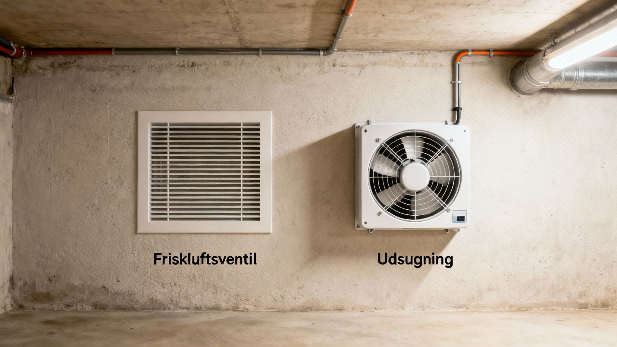 Billede af en kælder med friskluftventil og udsugning for optimal ventilation.