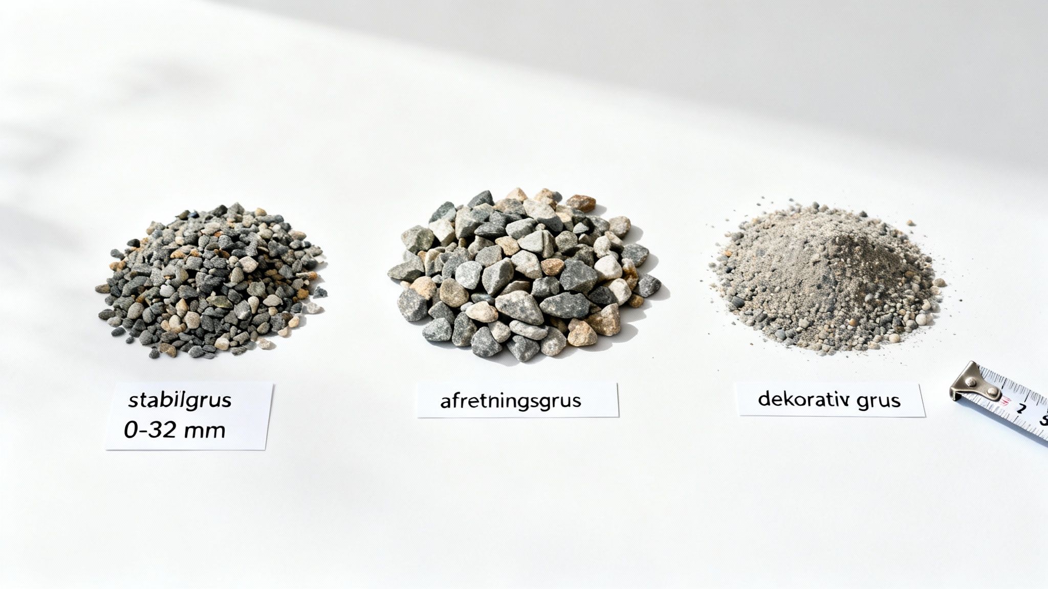 Forskellige typer grus lagt ud som forberedelse til et terrasseprojekt