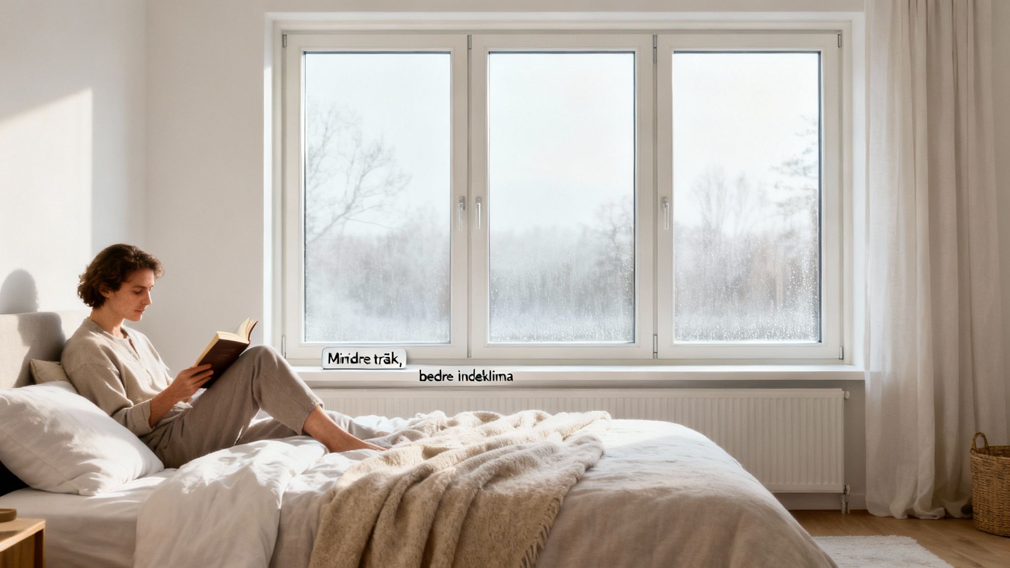 Ung kvinde læser en bog i sengen ved et vindue med udsigt til træer og tekst om indeklima.