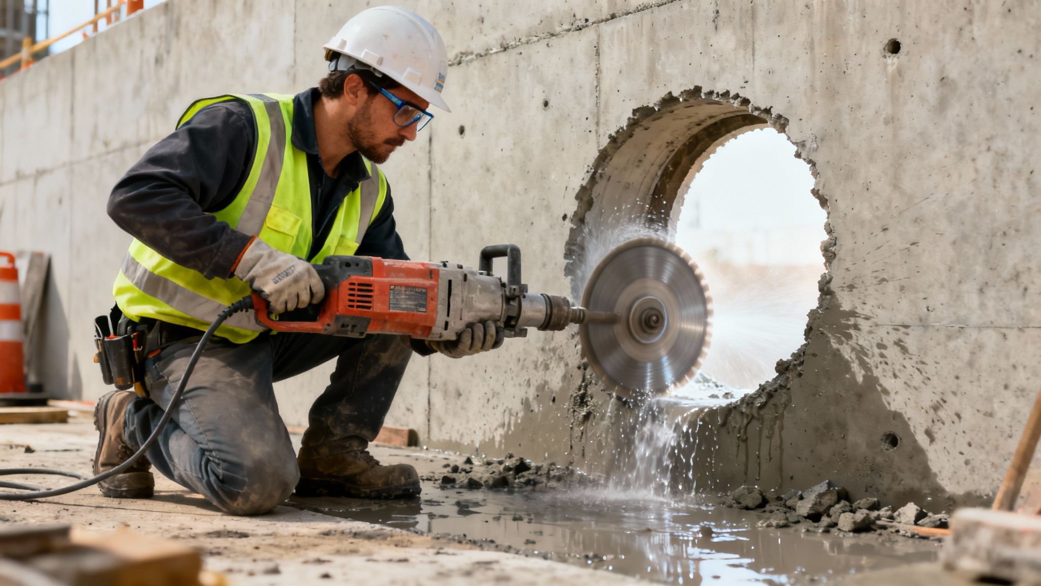 En bygningsarbejder i sikkerhedsudstyr borer et stort rundt hul i en betonvæg. Vand sprøjter fra boremaskinen.