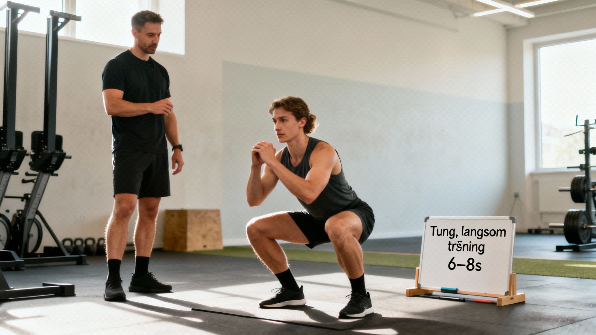 En træner observerer en atlet udføre tunge, langsomme squats i et moderne fitnesscenter.