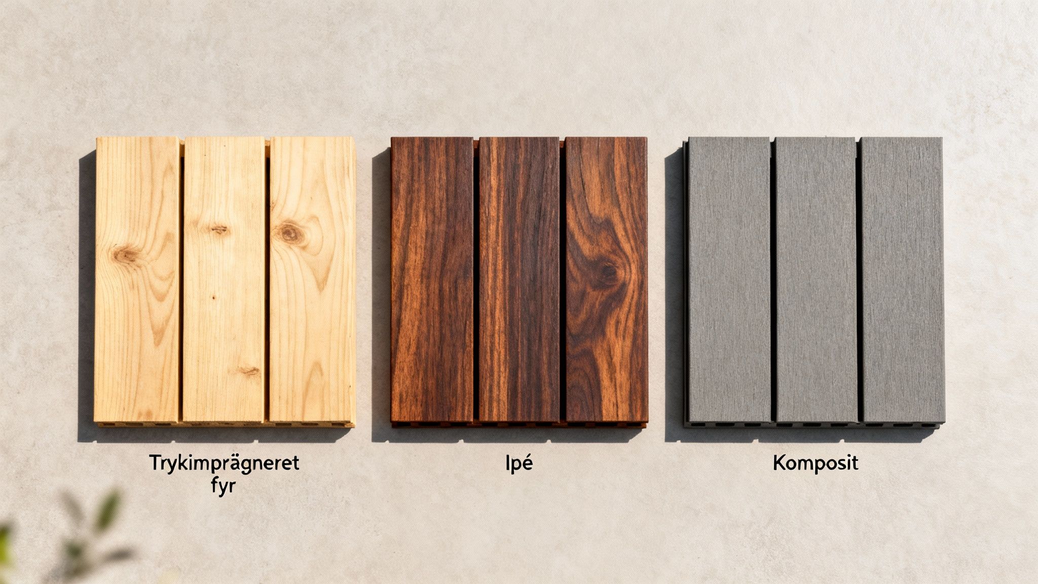 Billede af tre forskellige terrassematerialer: trykimprægneret fyr, Ipé og komposit.