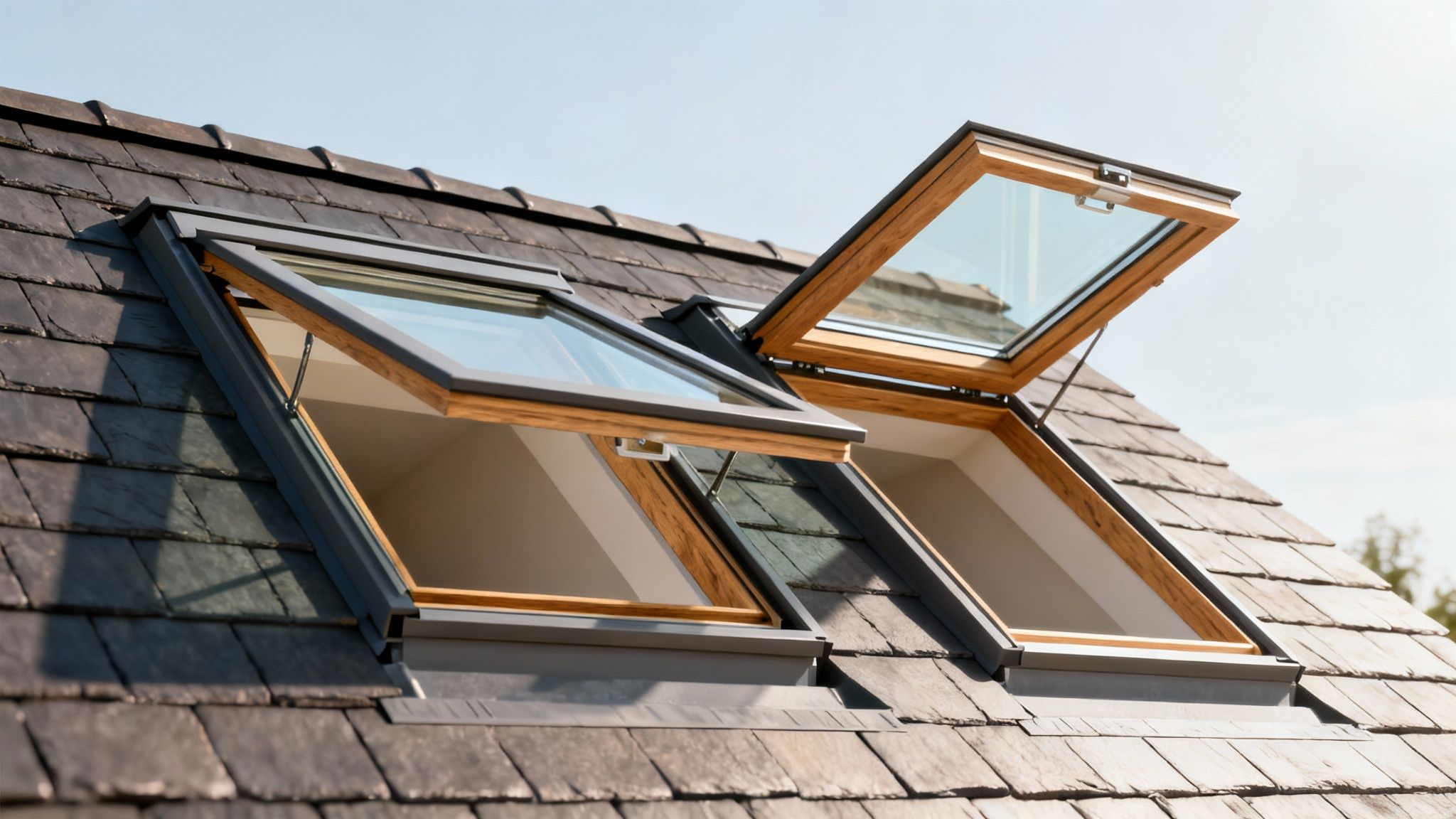 To åbne Velux tagvinduer med trærammer monteret på et mørkt skifertag under en blå himmel.
